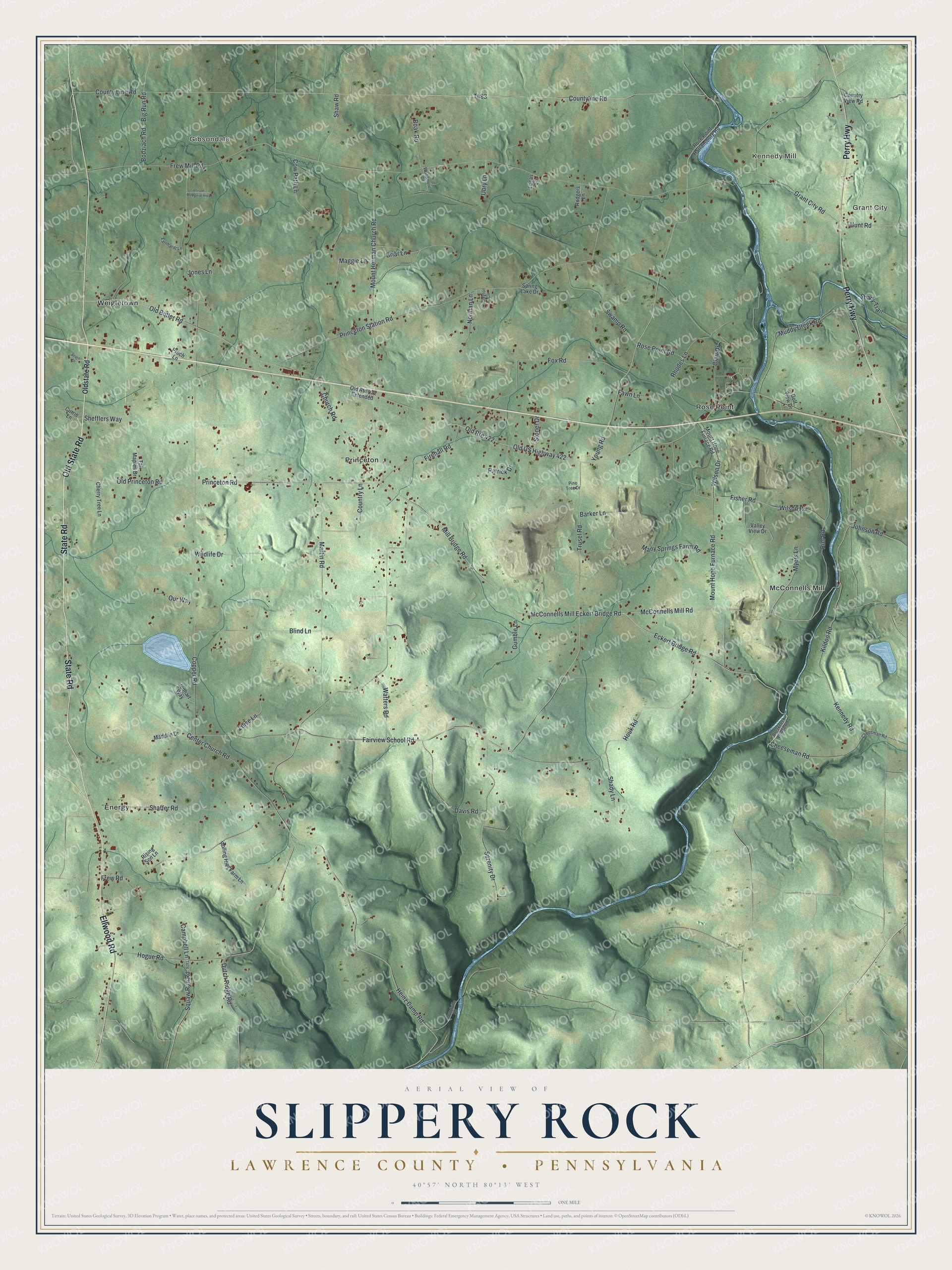 Full map of Slippery Rock, Lawrence County, Pennsylvania, with red buildings, printed street names and the land around them