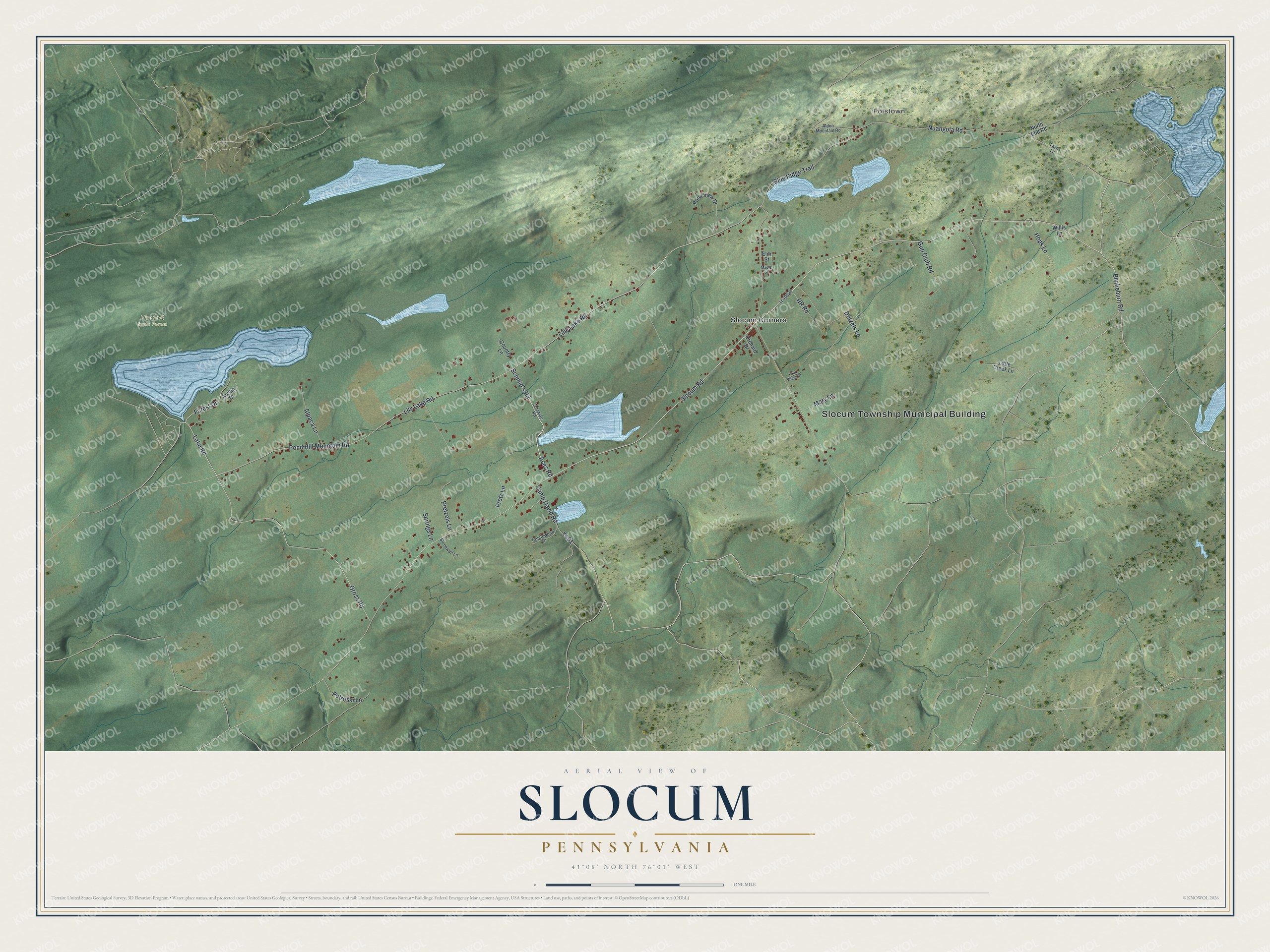 Full map of Slocum, Pennsylvania, with red buildings, printed street names and the land around them
