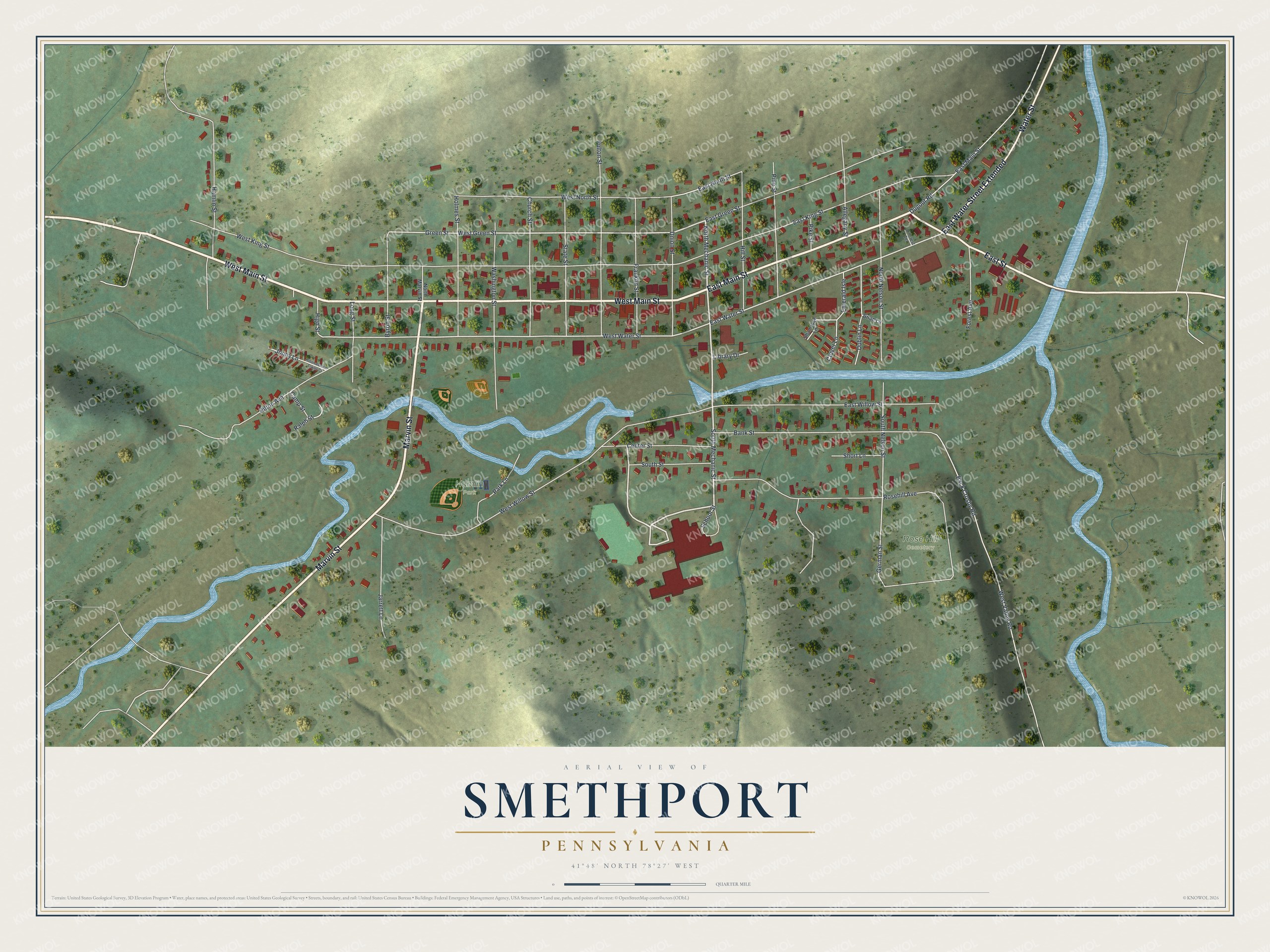 Full map of Smethport, Pennsylvania, with red buildings, printed street names and the land around them