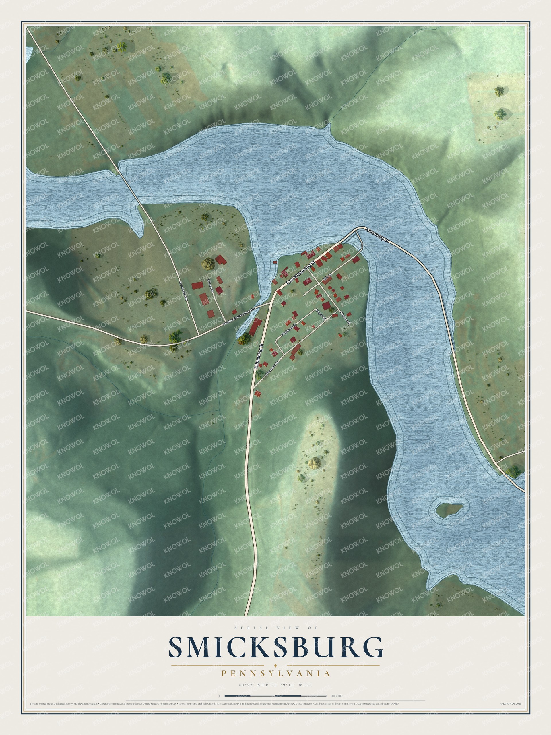 Full map of Smicksburg, Pennsylvania, with red buildings, printed street names and the land around them