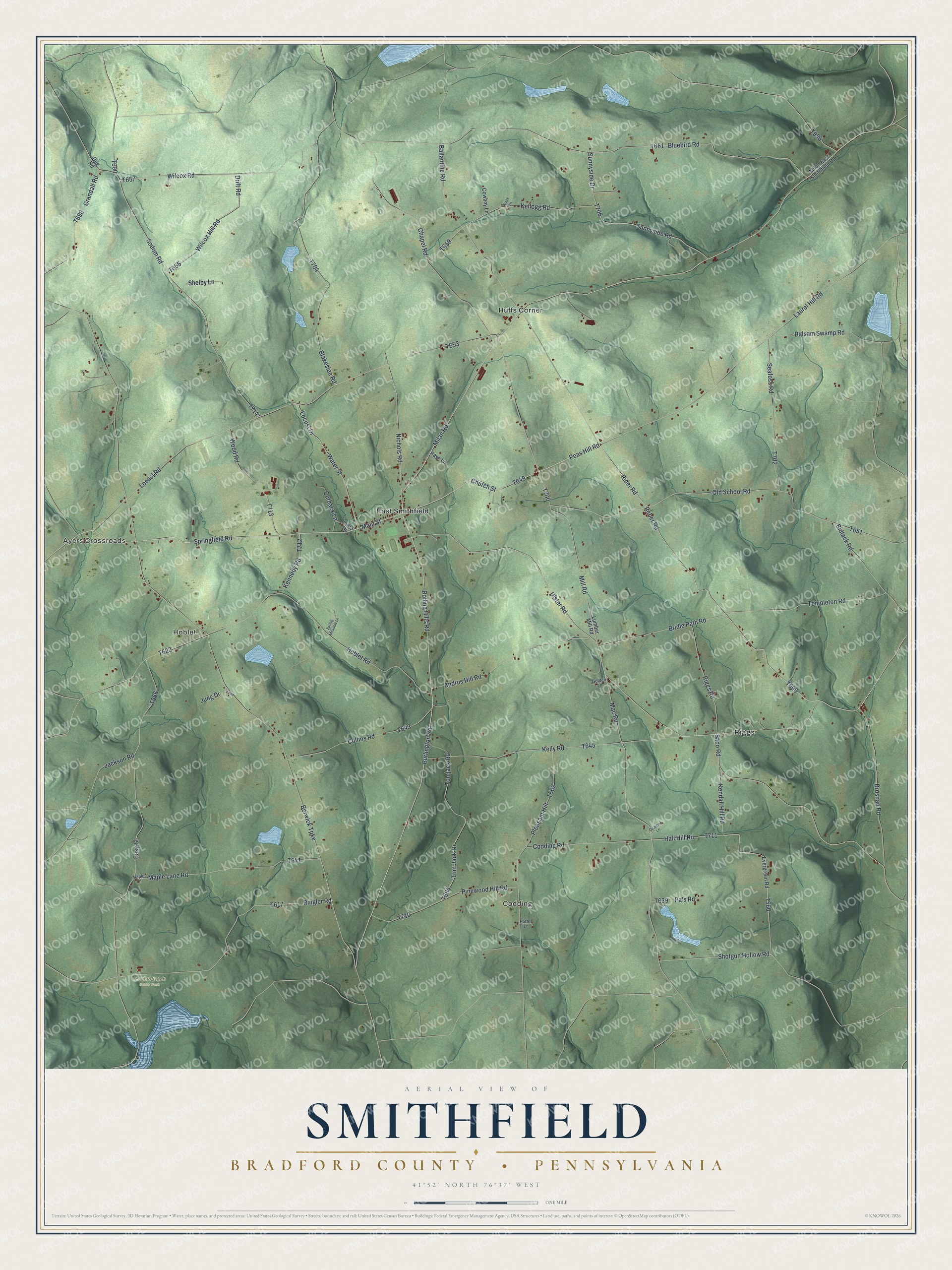Full map of Smithfield, Bradford County, Pennsylvania, with red buildings, printed street names and the land around them