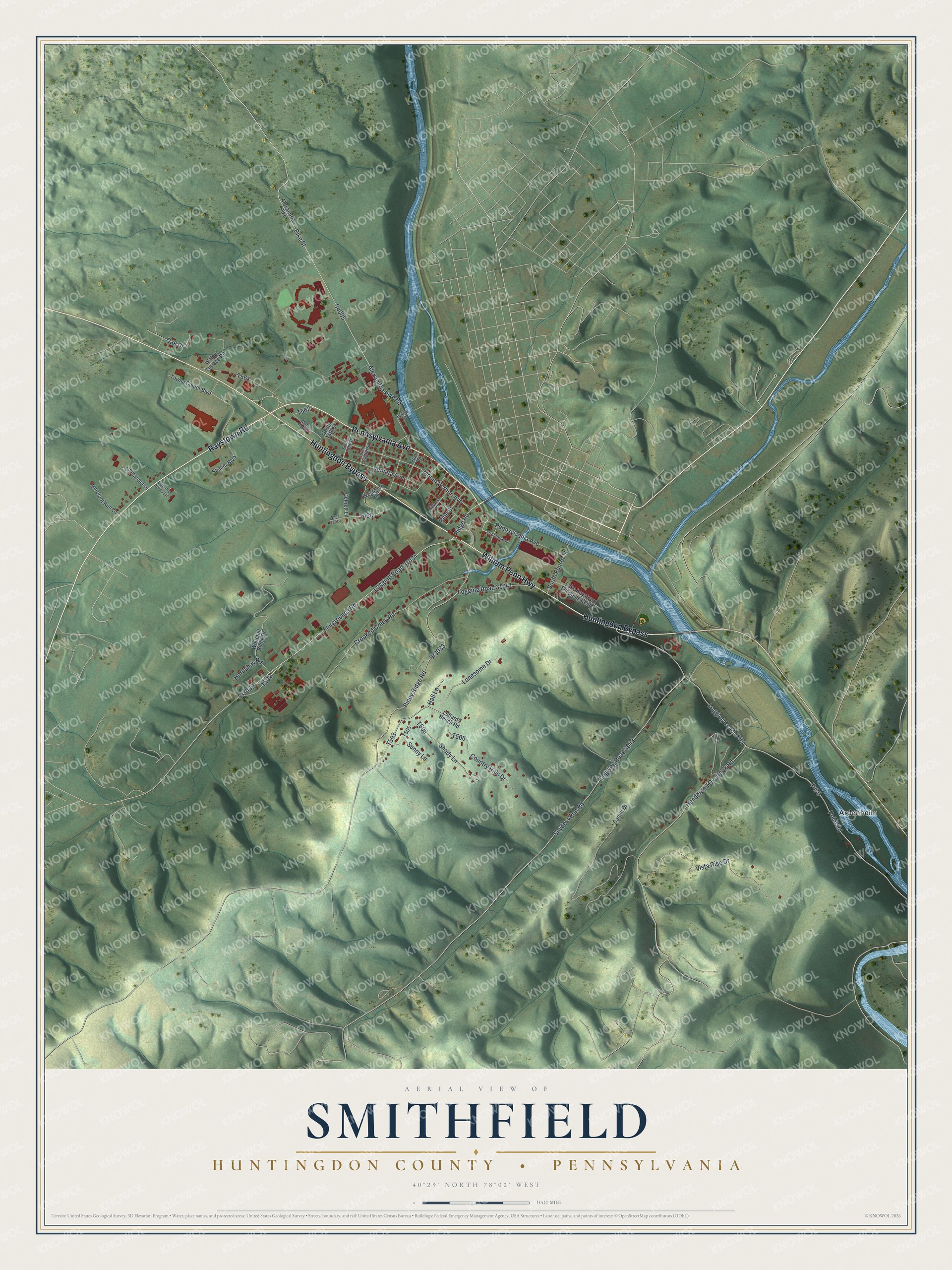 Full map of Smithfield, Huntingdon County, Pennsylvania, with red buildings, printed street names and the land around them