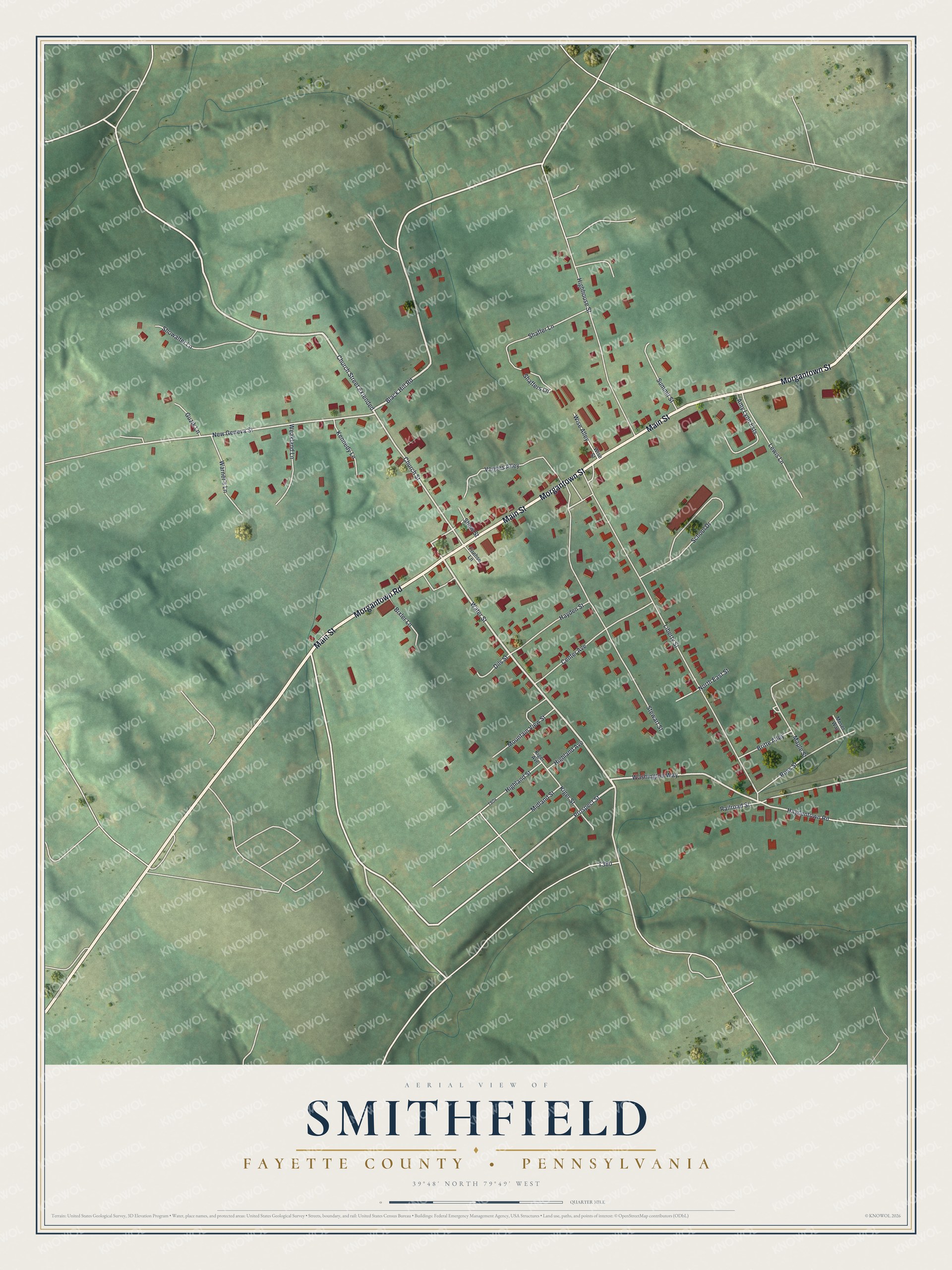 Full map of Smithfield, Fayette County, Pennsylvania, with red buildings, printed street names and the land around them