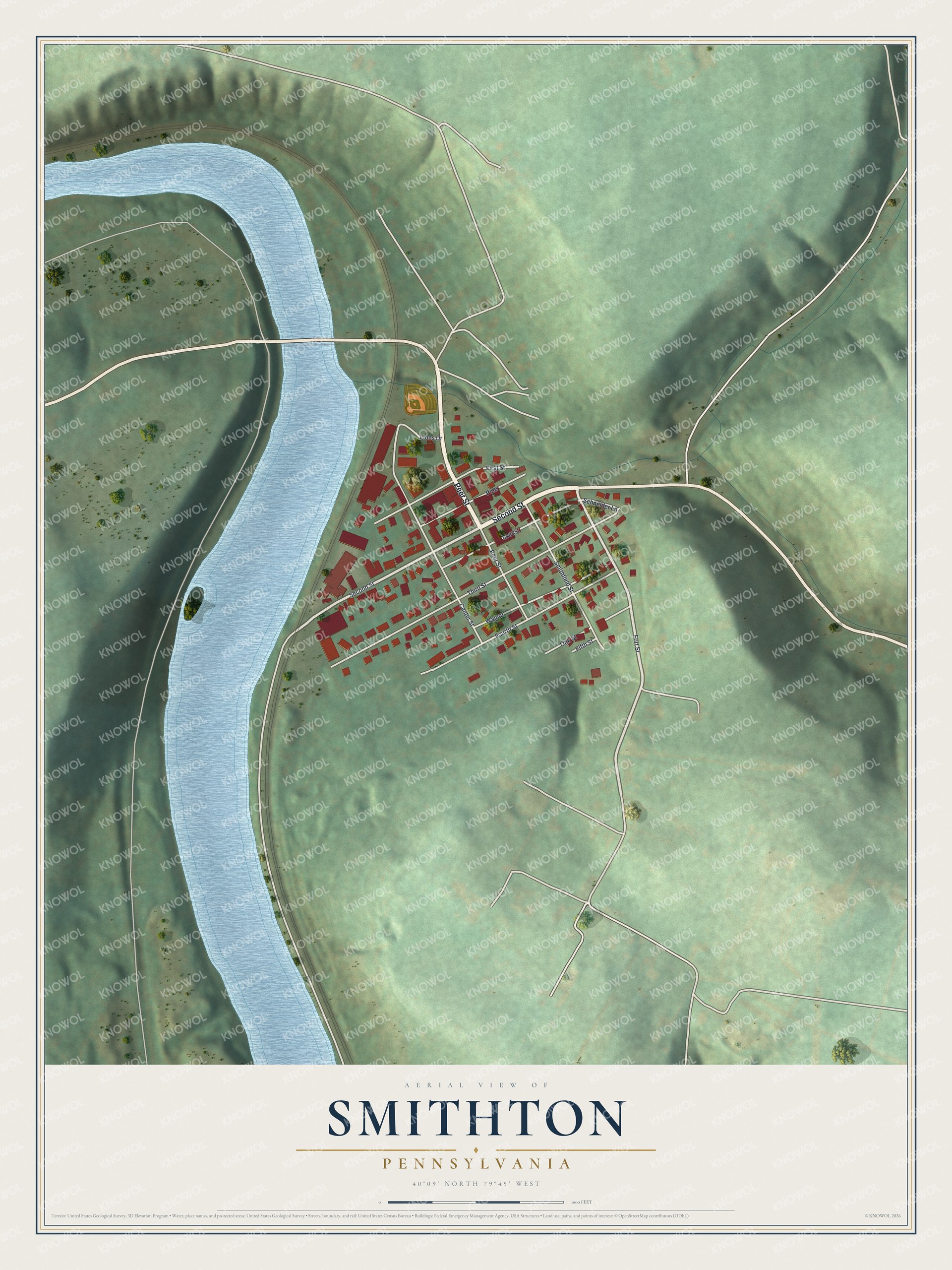 Full map of Smithton, Pennsylvania, with red buildings, printed street names and the land around them
