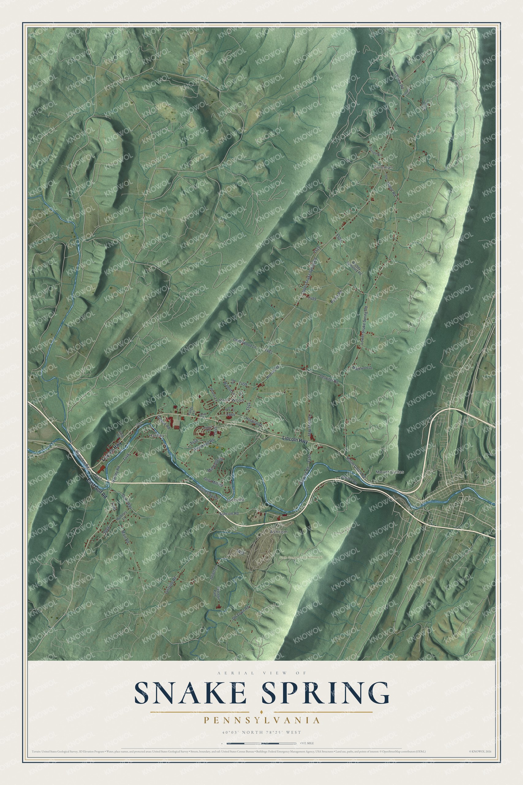 Full map of Snake Spring, Pennsylvania, with red buildings, printed street names and the land around them