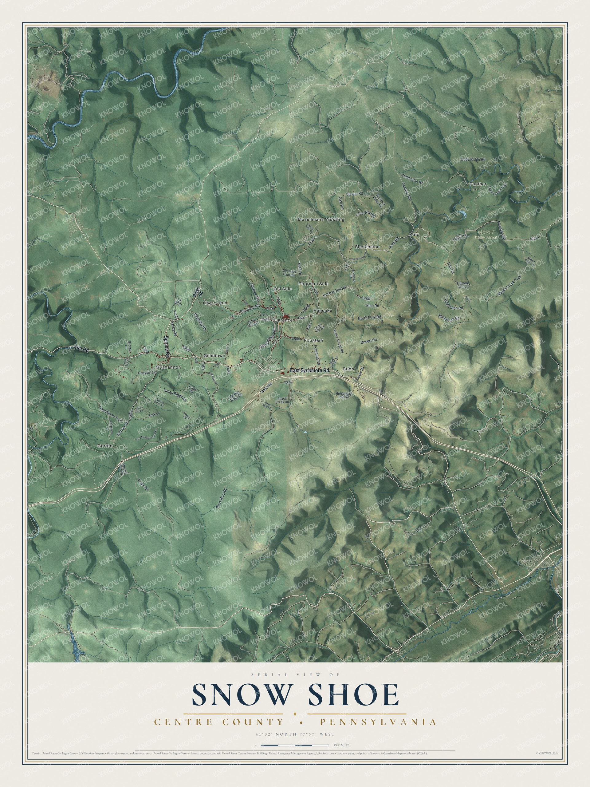 Full map of Snow Shoe Township, Pennsylvania, with red buildings, printed street names and the land around them