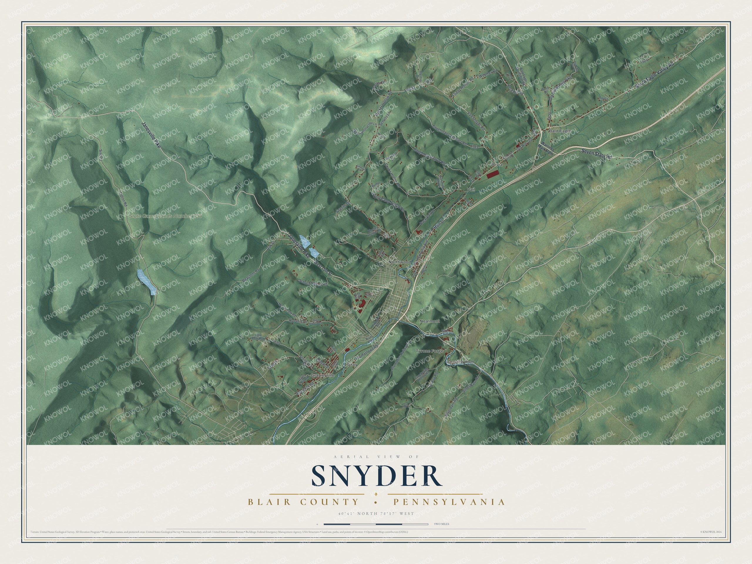 Full map of Snyder, Blair County, Pennsylvania, with red buildings, printed street names and the land around them