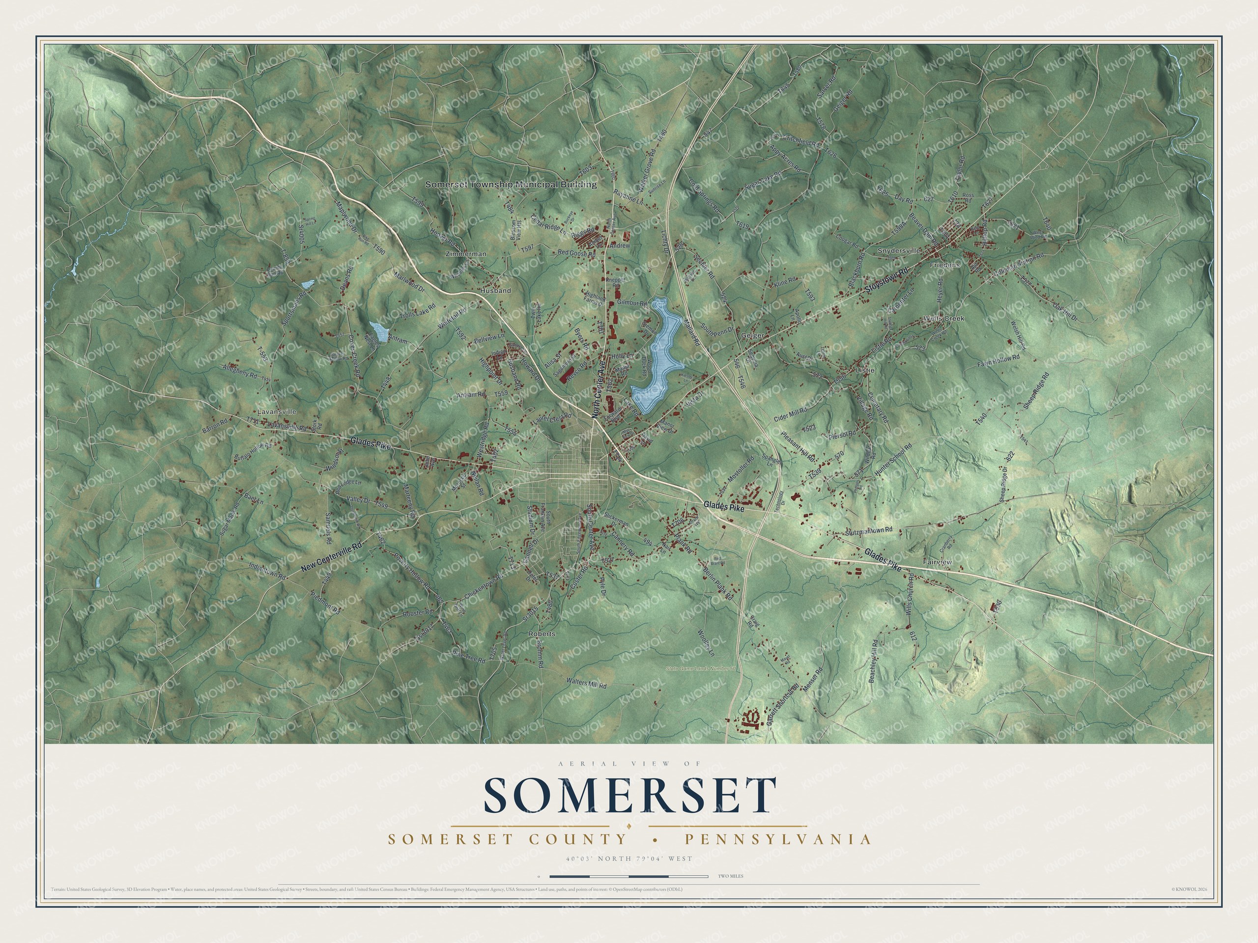 Full map of Somerset Township, Somerset County, Pennsylvania, with red buildings, printed street names and the land around them