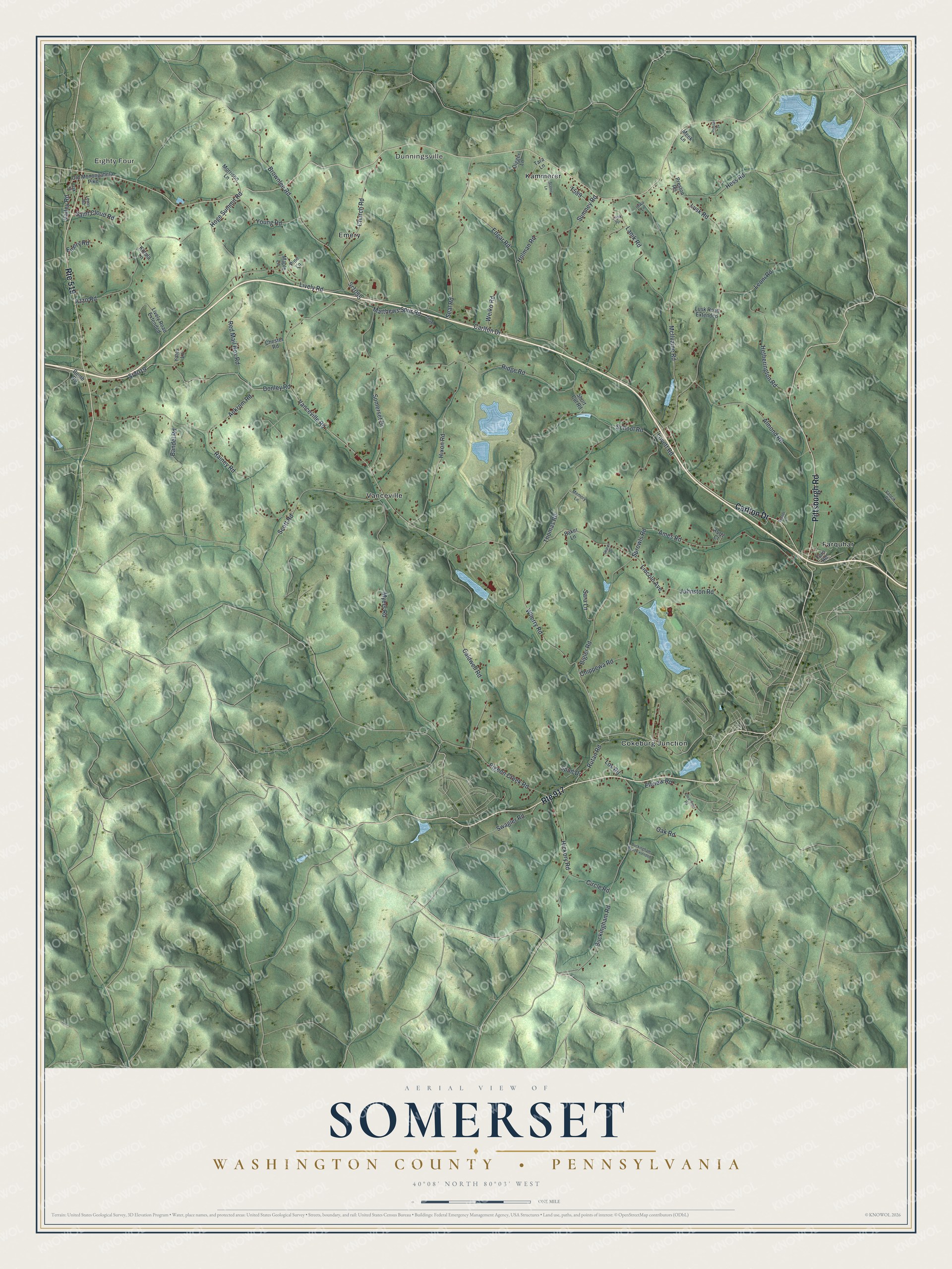 Full map of Somerset, Washington County, Pennsylvania, with red buildings, printed street names and the land around them
