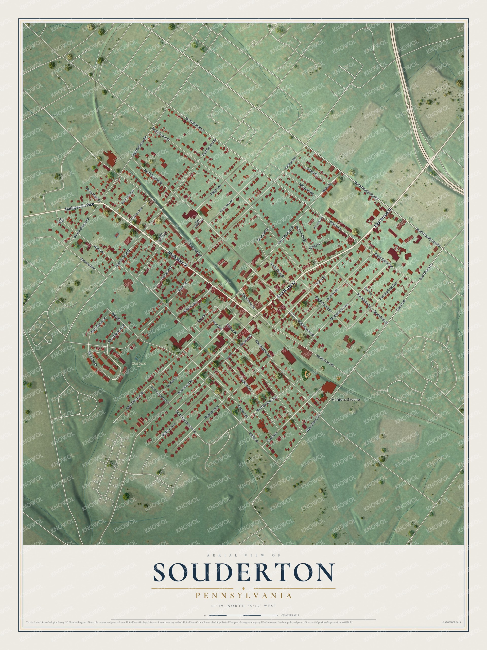 Full map of Souderton, Pennsylvania, with red buildings, printed street names and the land around them