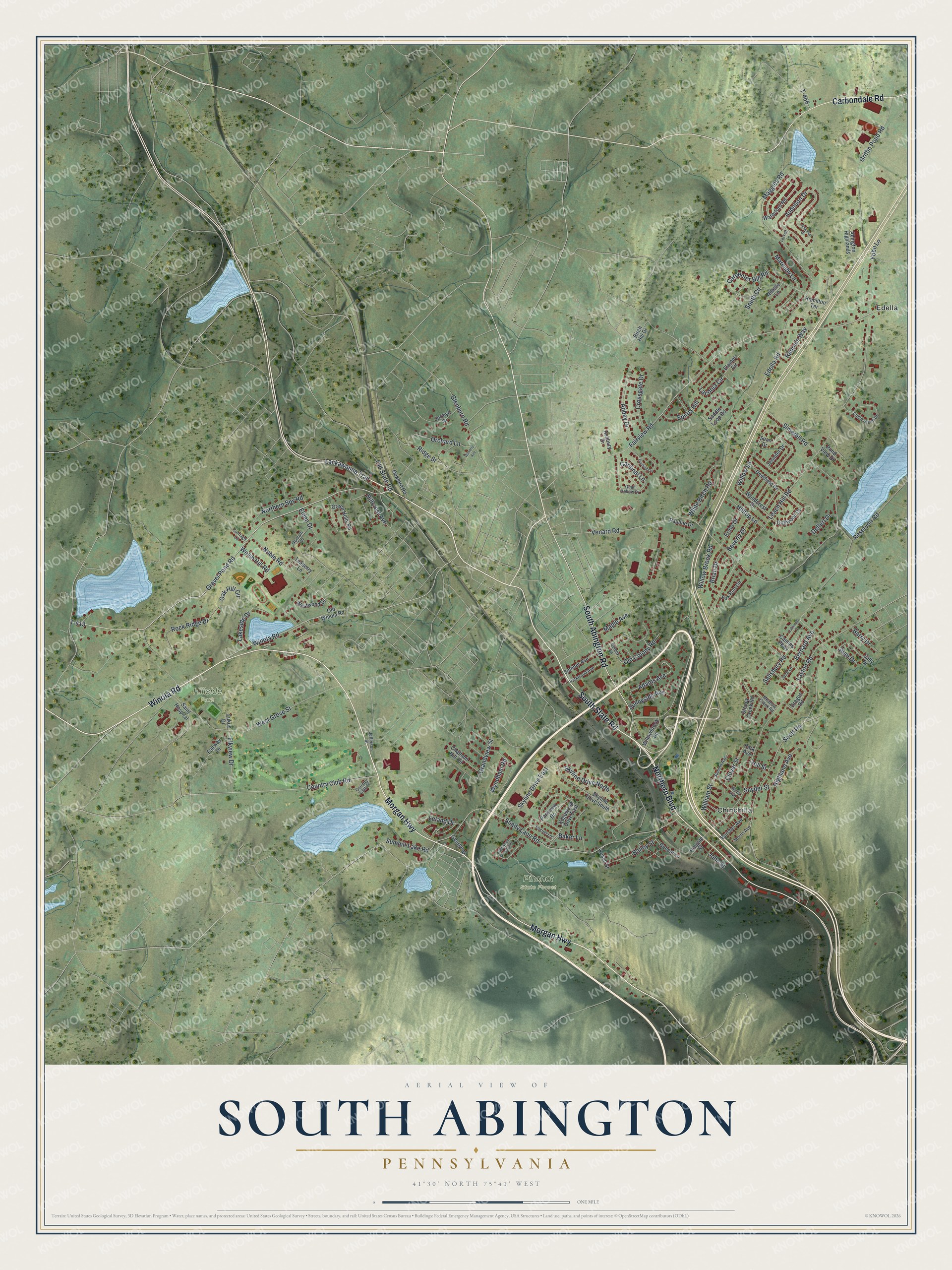 Full map of South Abington, Pennsylvania, with red buildings, printed street names and the land around them