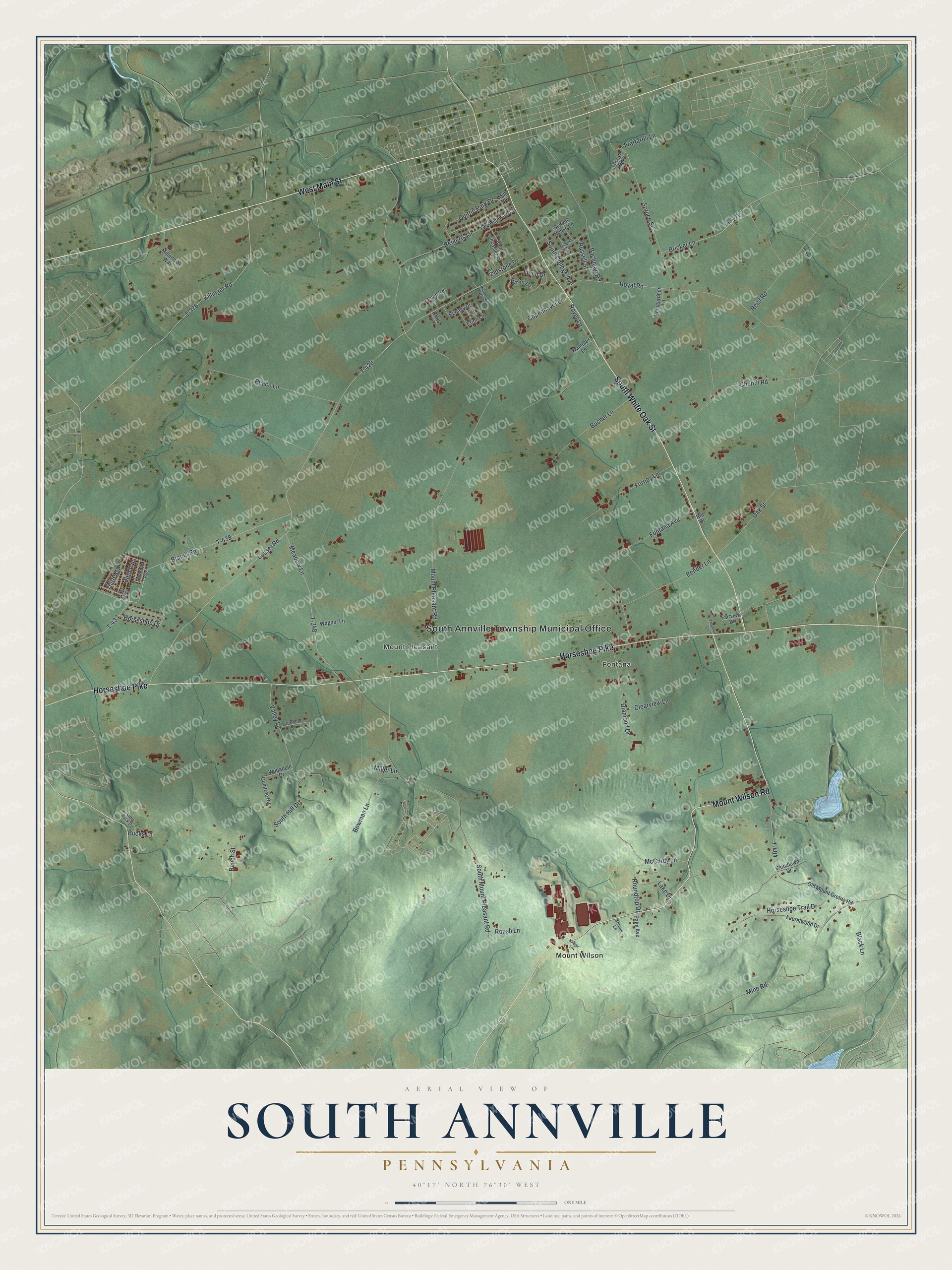 Full map of South Annville, Pennsylvania, with red buildings, printed street names and the land around them