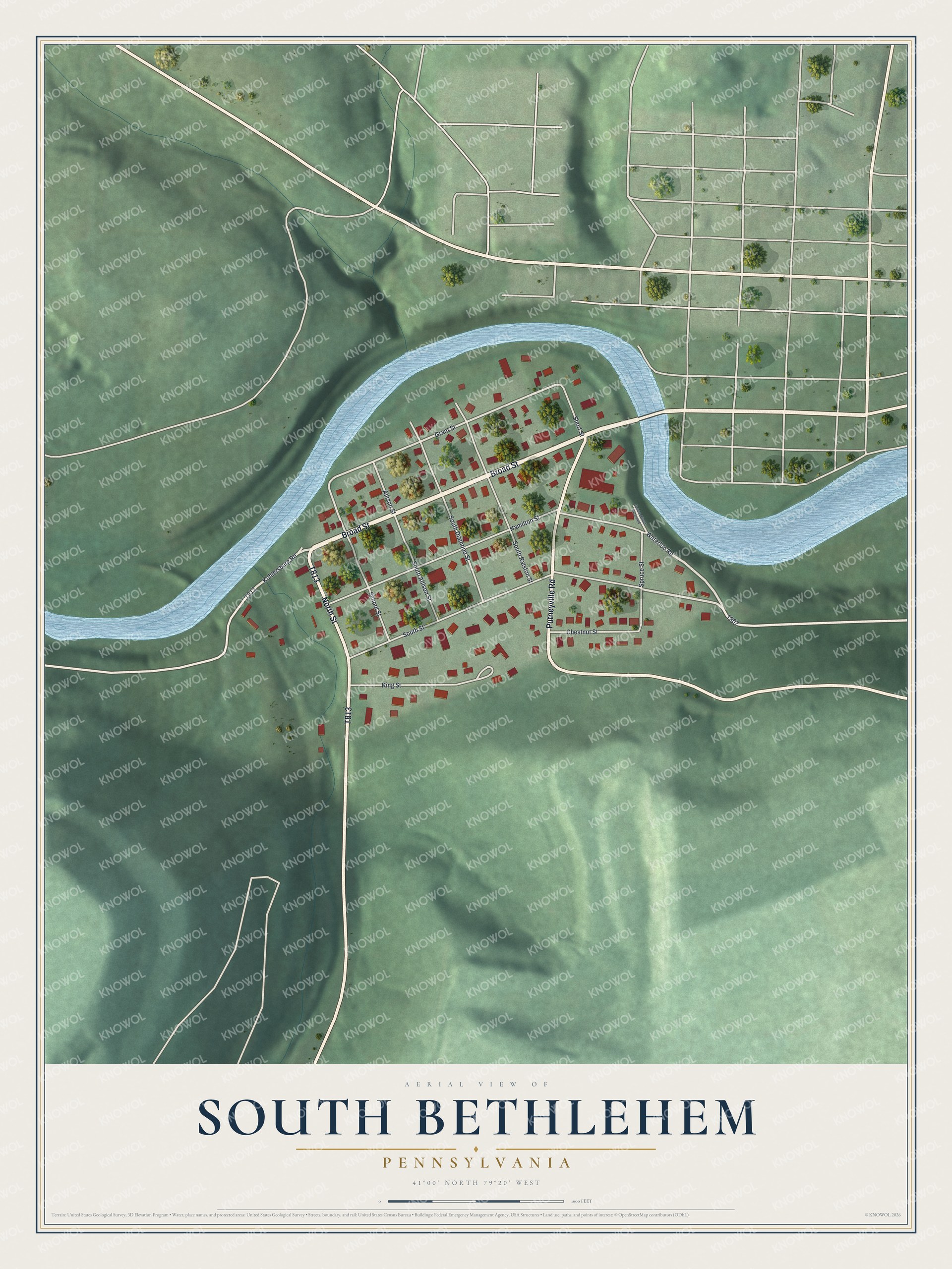Full map of South Bethlehem, Pennsylvania, with red buildings, printed street names and the land around them