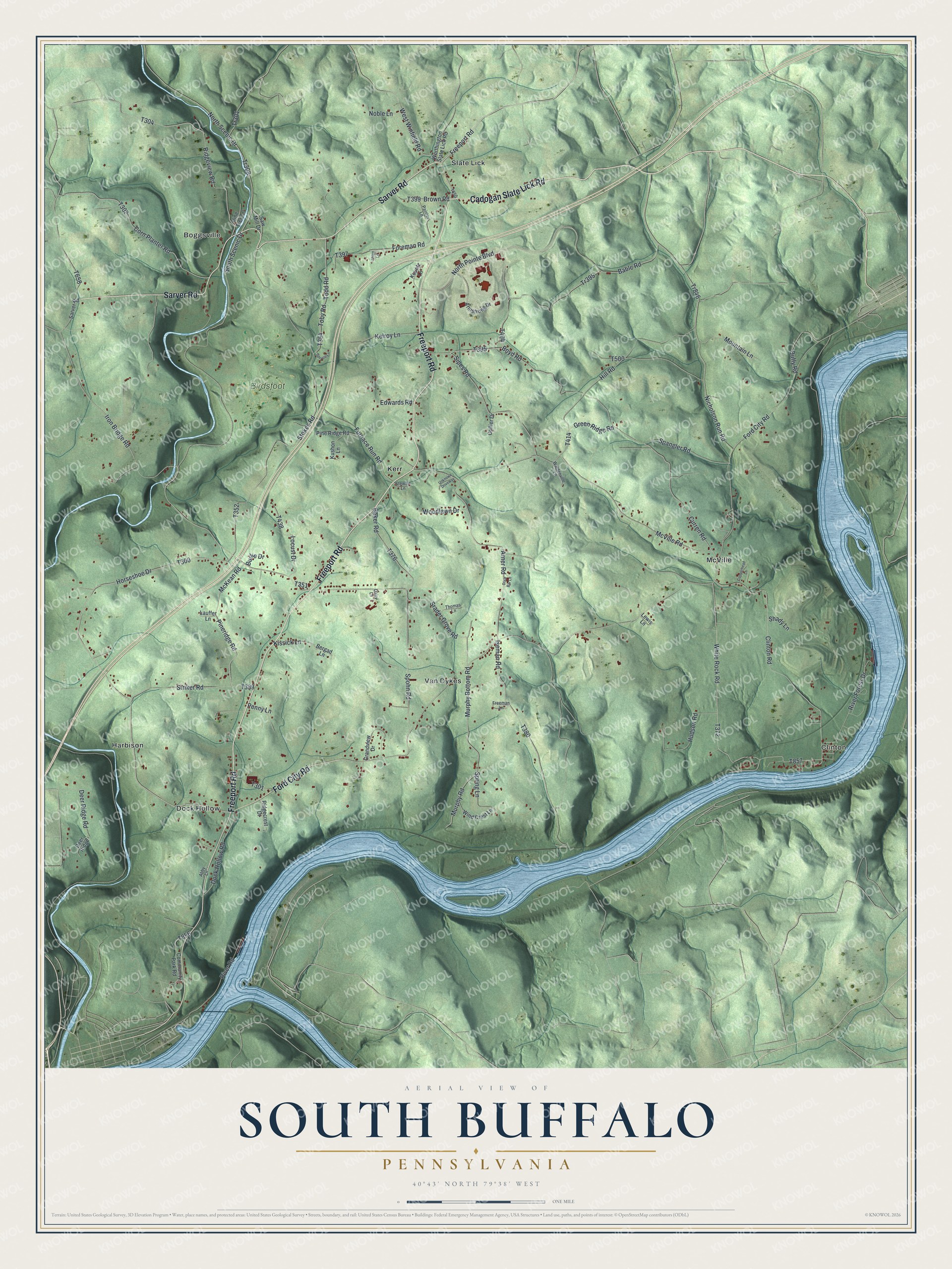 Full map of South Buffalo, Pennsylvania, with red buildings, printed street names and the land around them