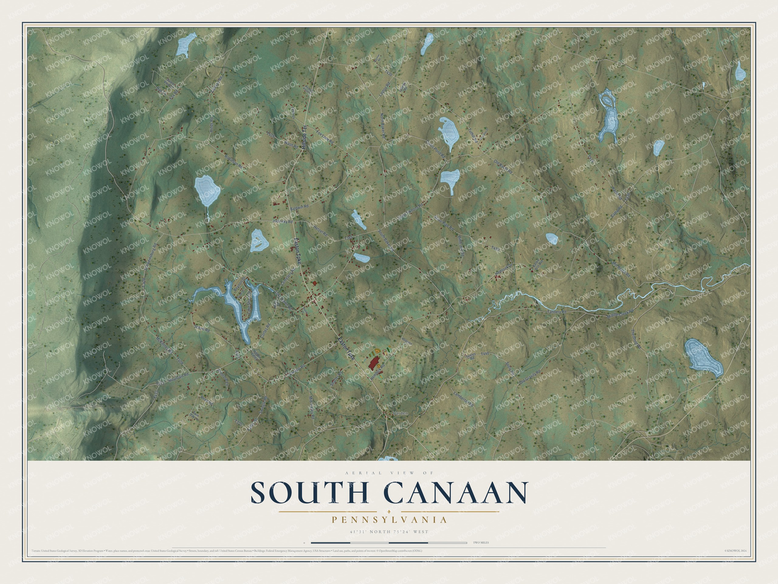 Full map of South Canaan, Pennsylvania, with red buildings, printed street names and the land around them