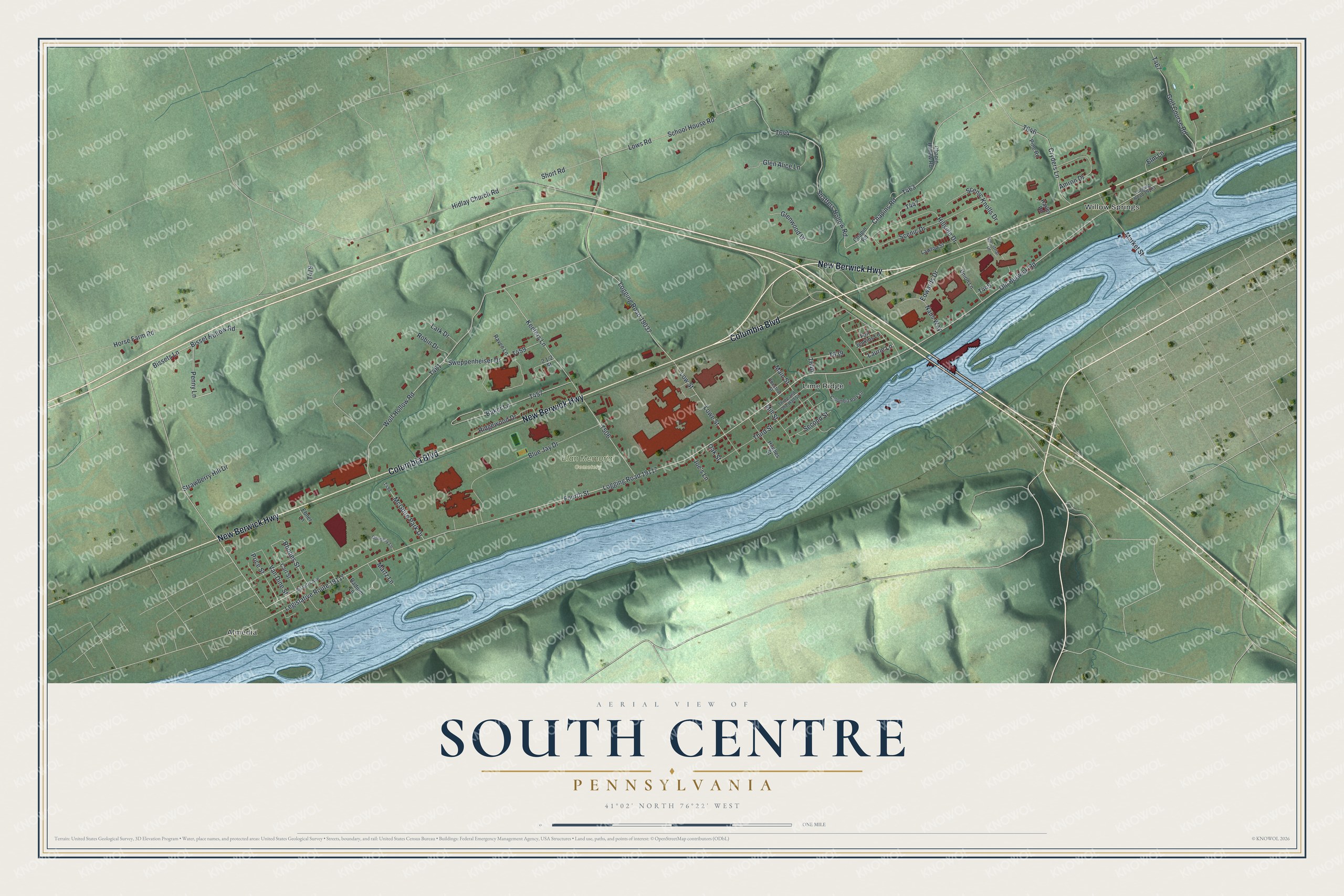 Full map of South Centre, Pennsylvania, with red buildings, printed street names and the land around them