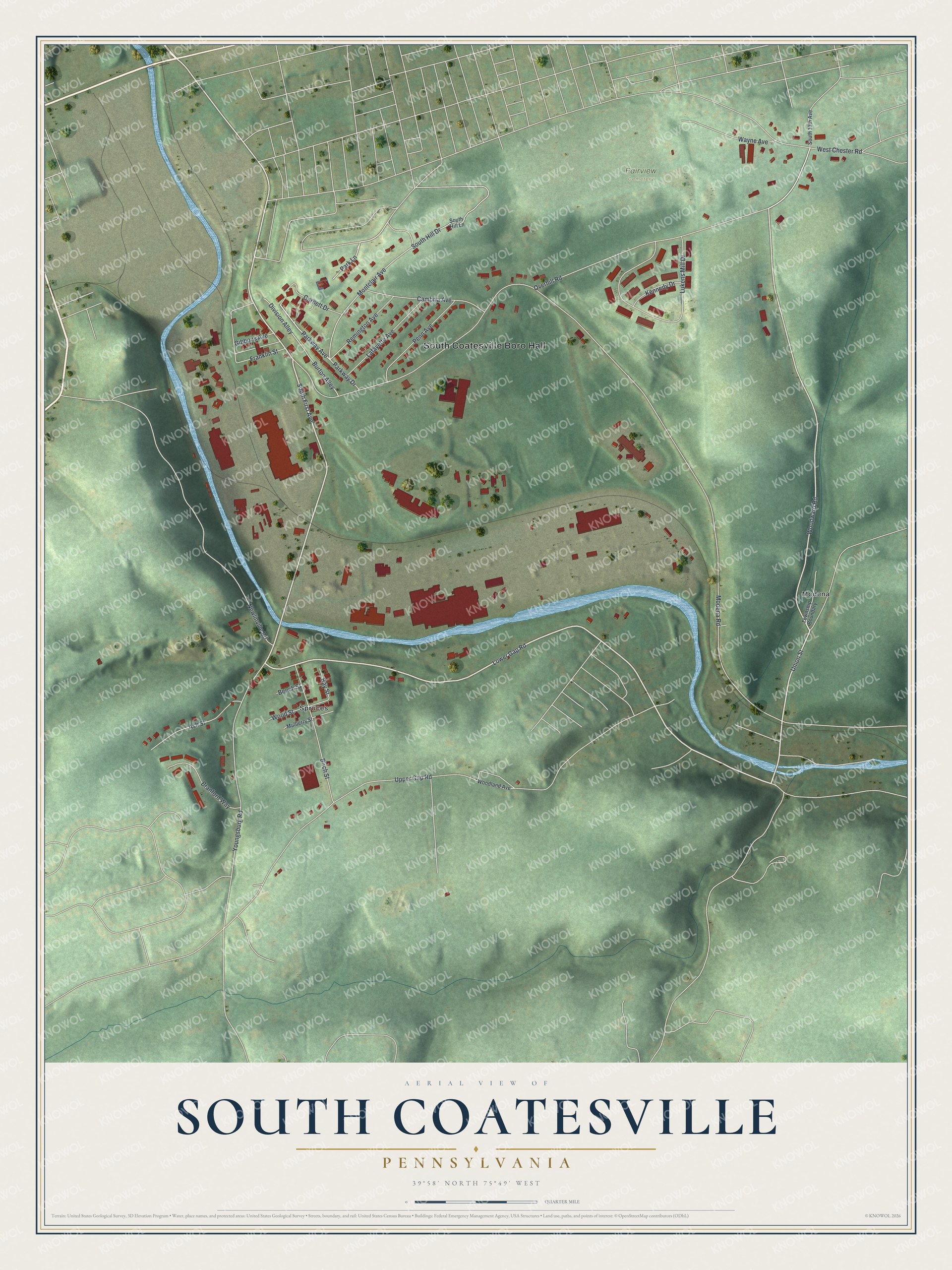 Full map of South Coatesville, Pennsylvania, with red buildings, printed street names and the land around them