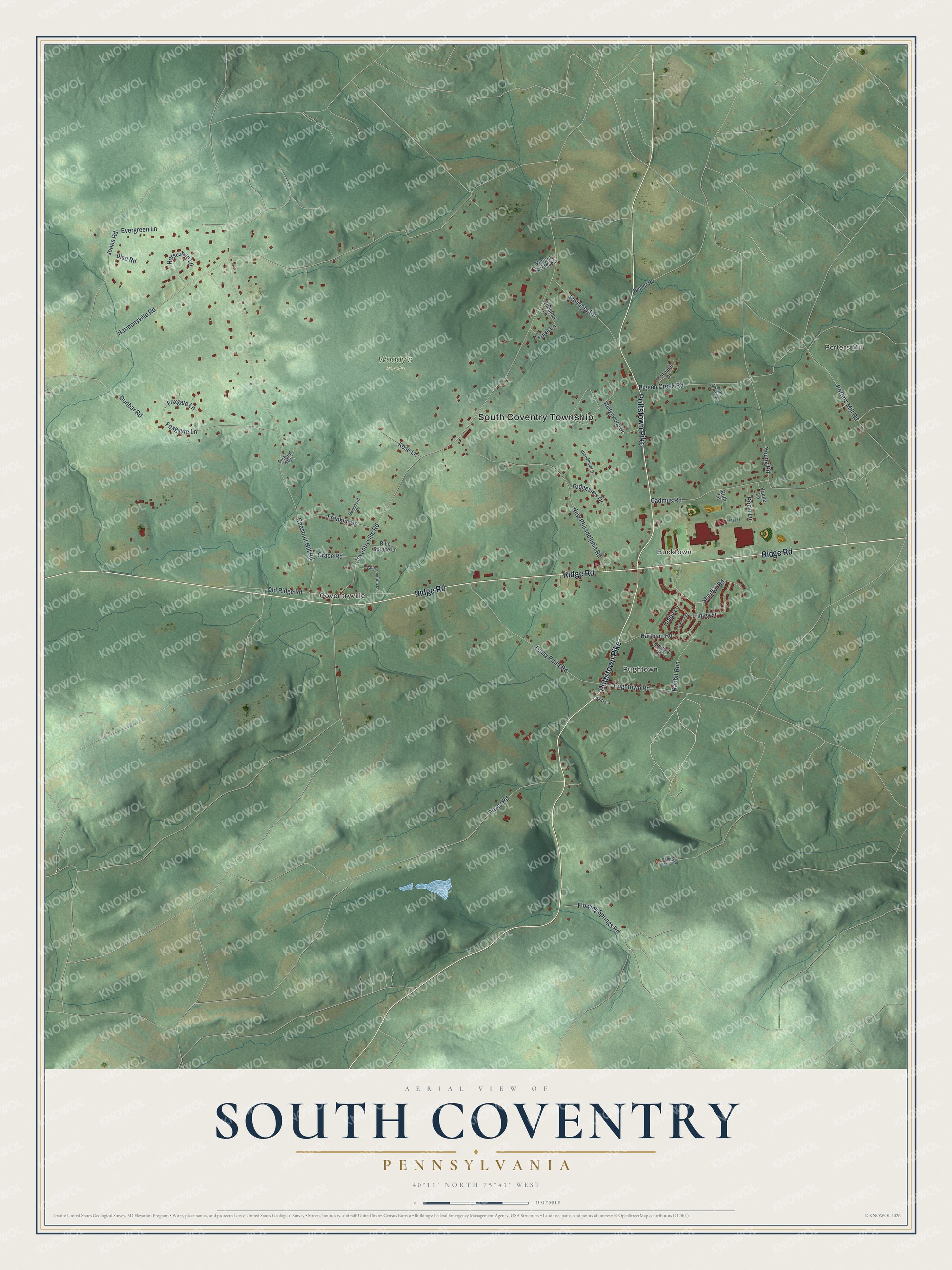 Full map of South Coventry, Pennsylvania, with red buildings, printed street names and the land around them