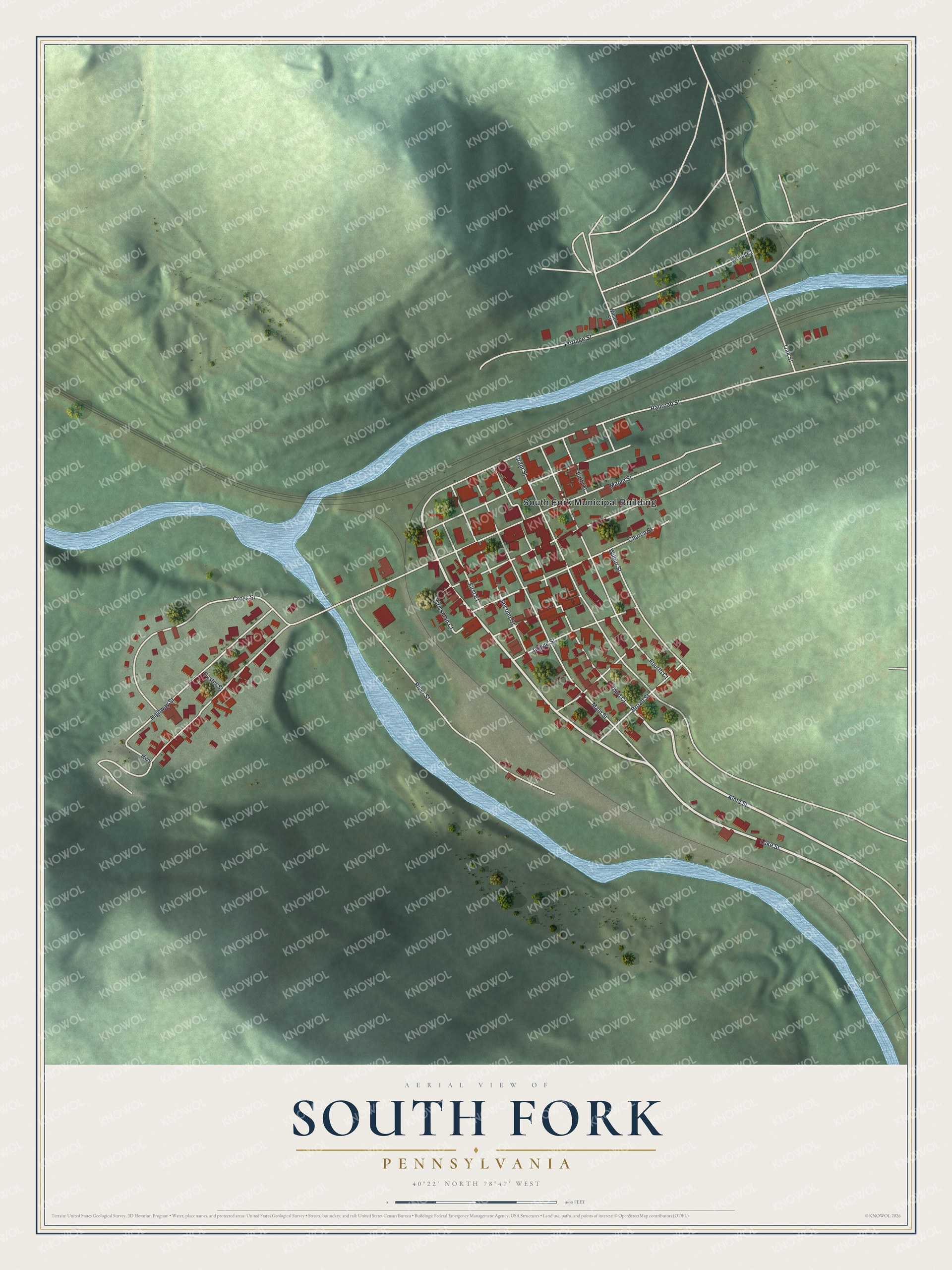 Full map of South Fork, Pennsylvania, with red buildings, printed street names and the land around them