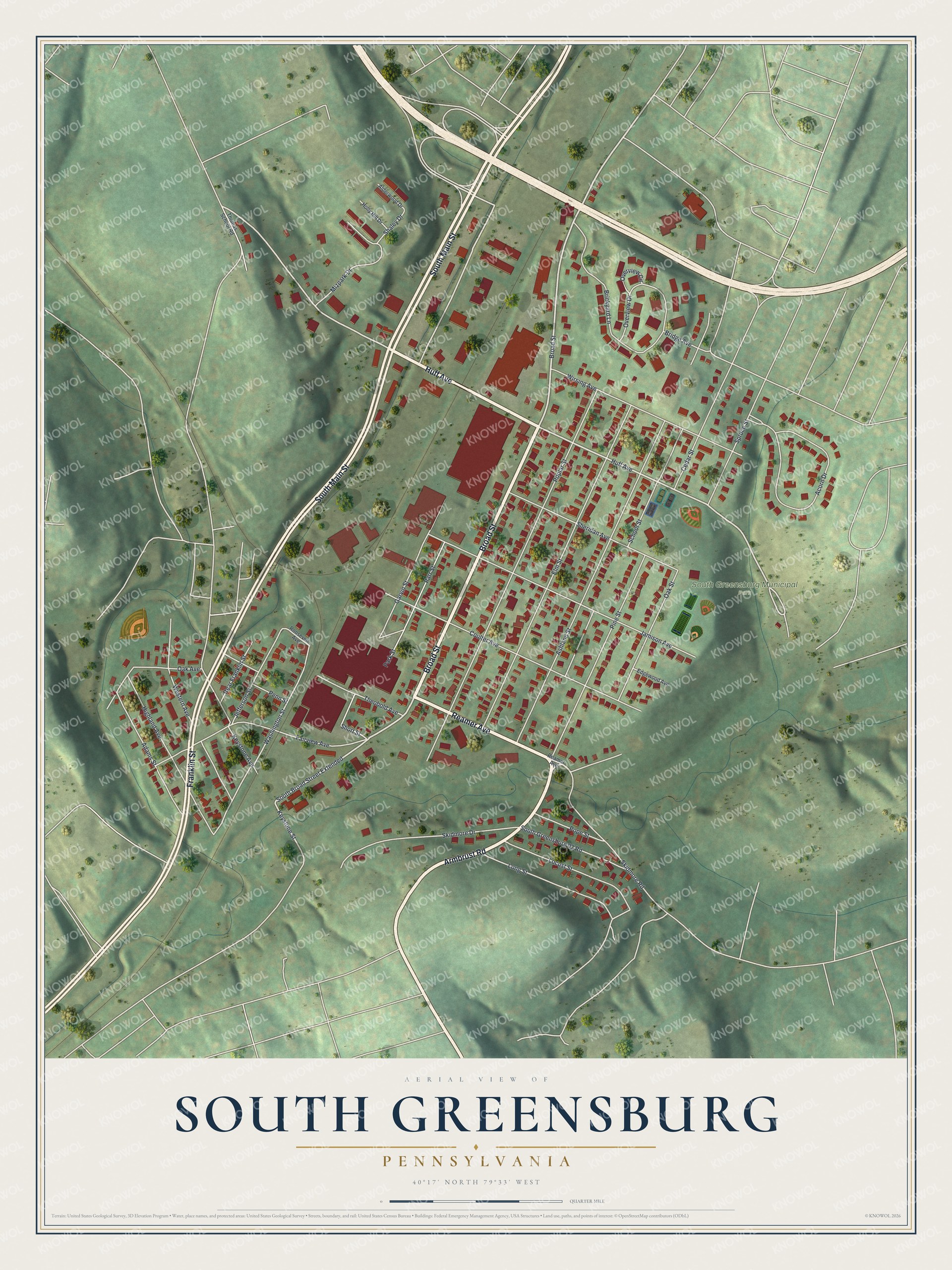 Full map of South Greensburg, Pennsylvania, with red buildings, printed street names and the land around them