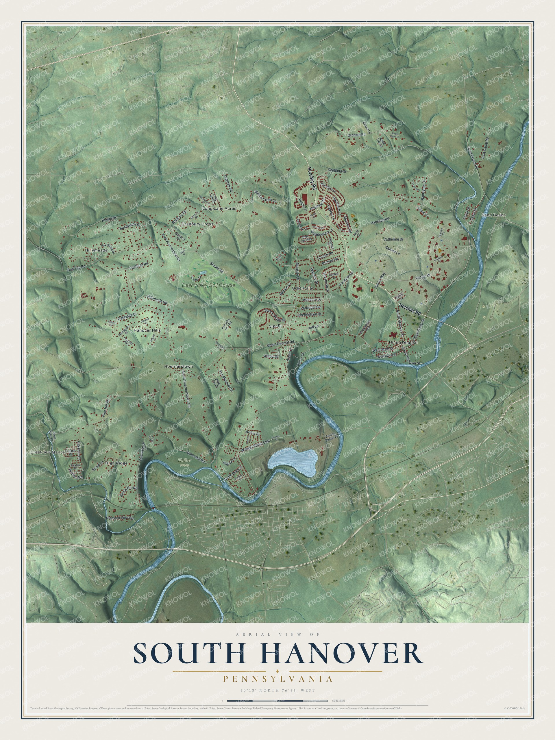 Full map of South Hanover, Pennsylvania, with red buildings, printed street names and the land around them
