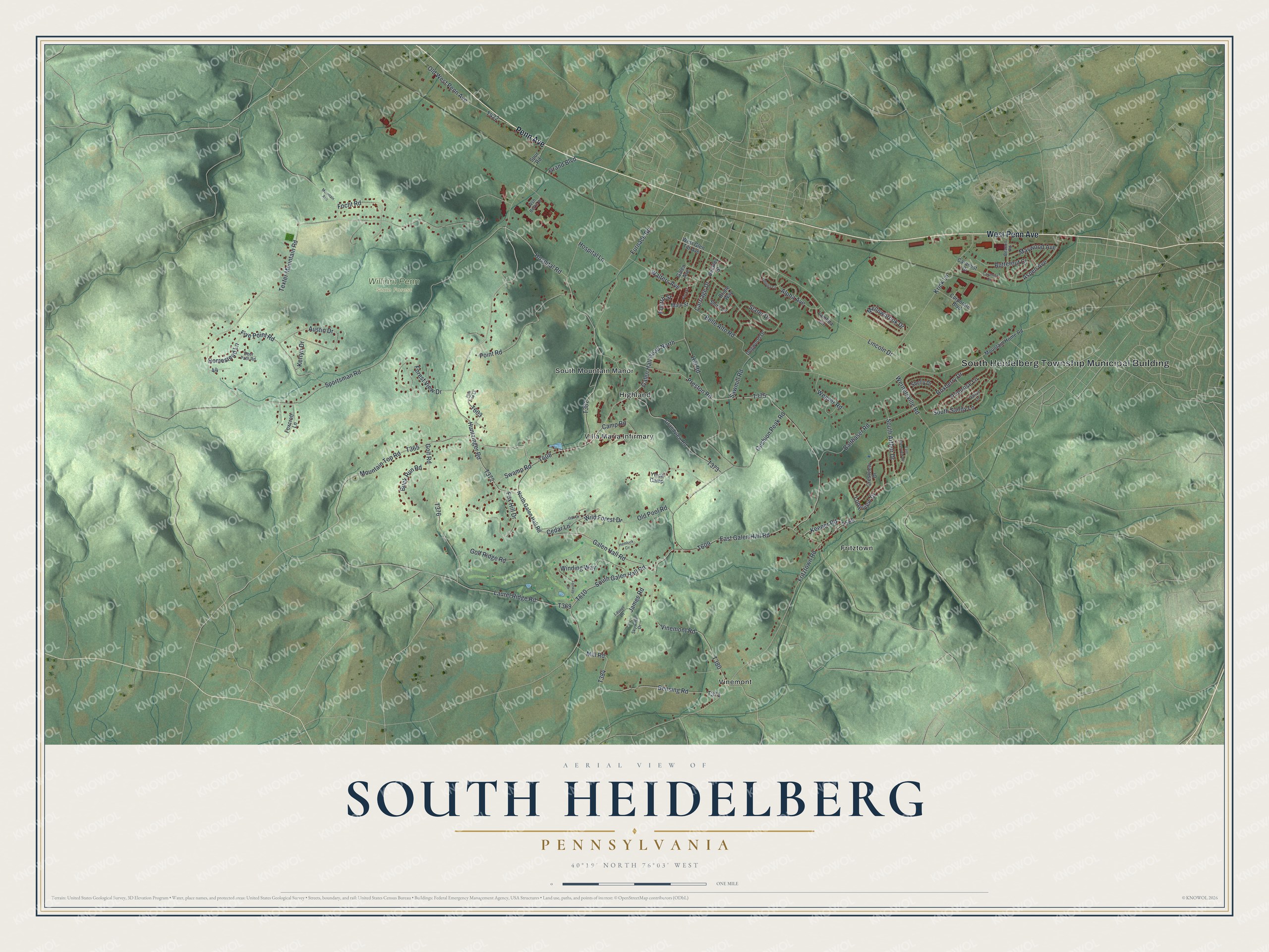 Full map of South Heidelberg, Pennsylvania, with red buildings, printed street names and the land around them