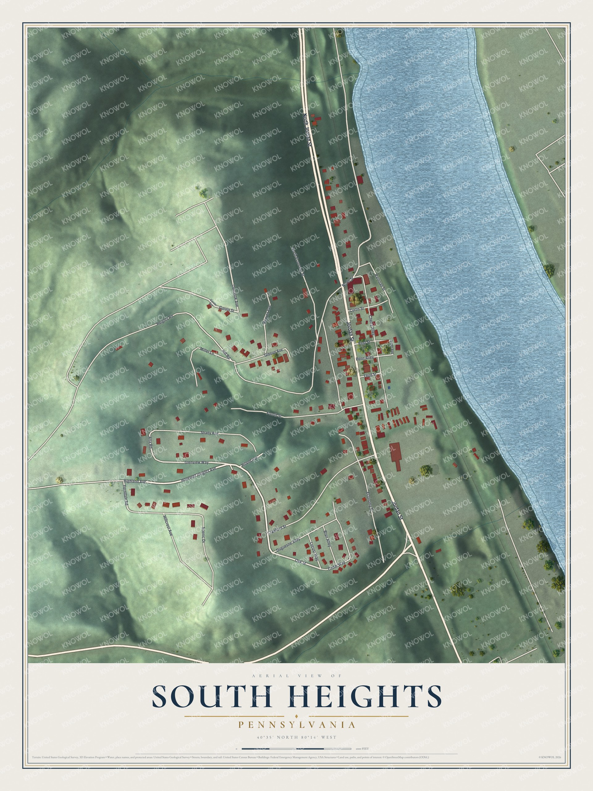 Full map of South Heights, Pennsylvania, with red buildings, printed street names and the land around them
