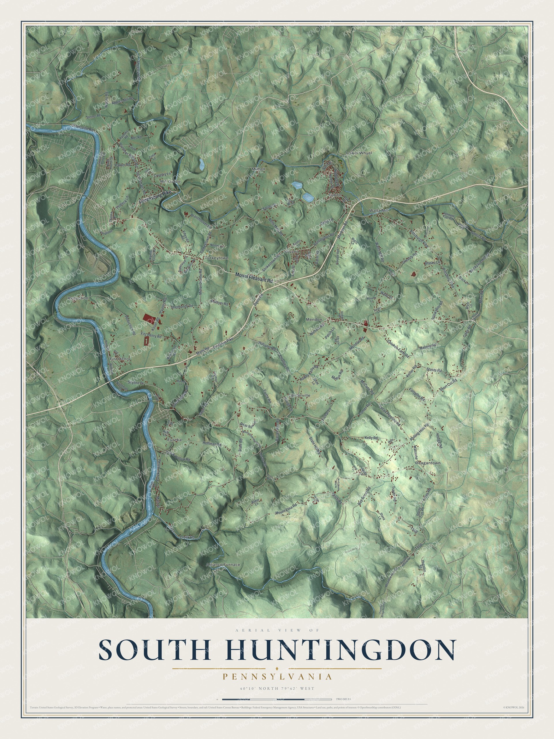 Full map of South Huntingdon, Pennsylvania, with red buildings, printed street names and the land around them
