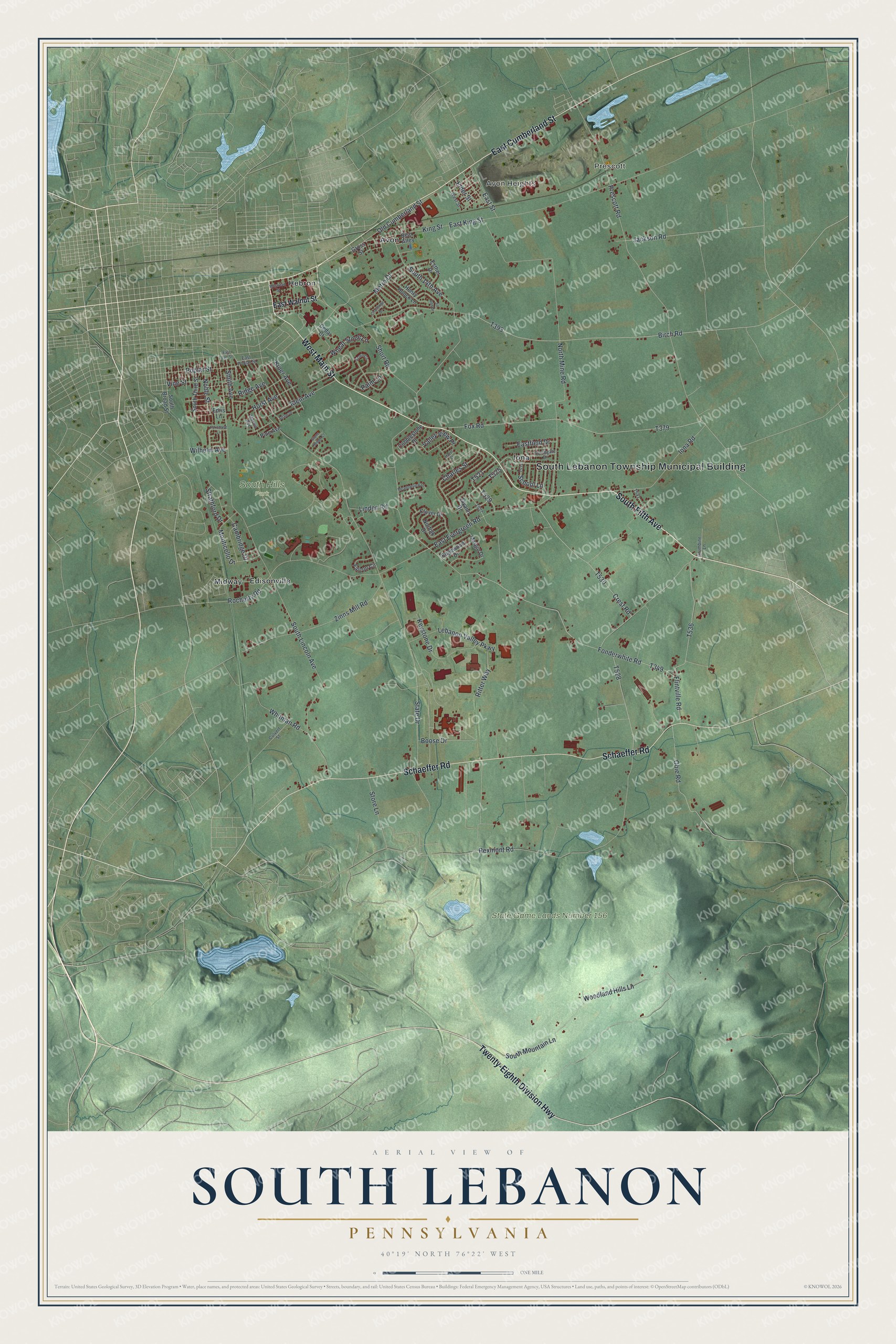Full map of South Lebanon, Pennsylvania, with red buildings, printed street names and the land around them