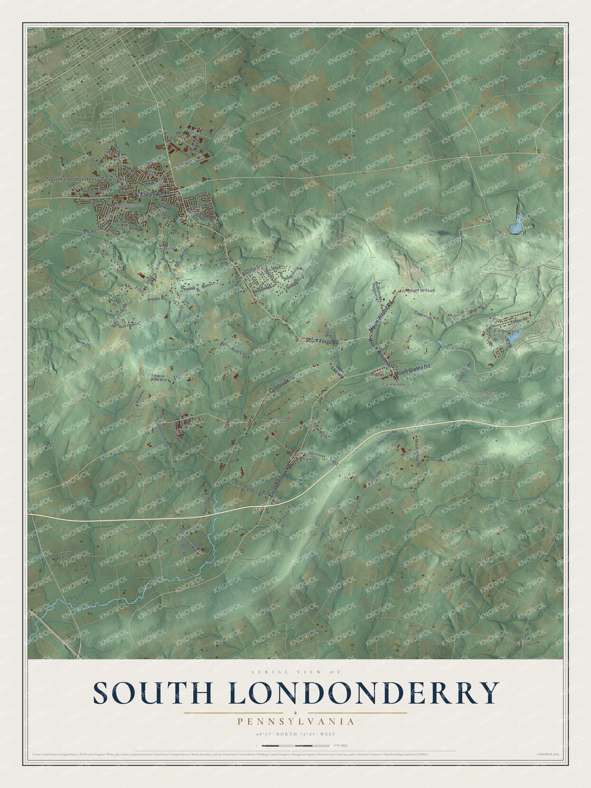 Full map of South Londonderry, Pennsylvania, with red buildings, printed street names and the land around them