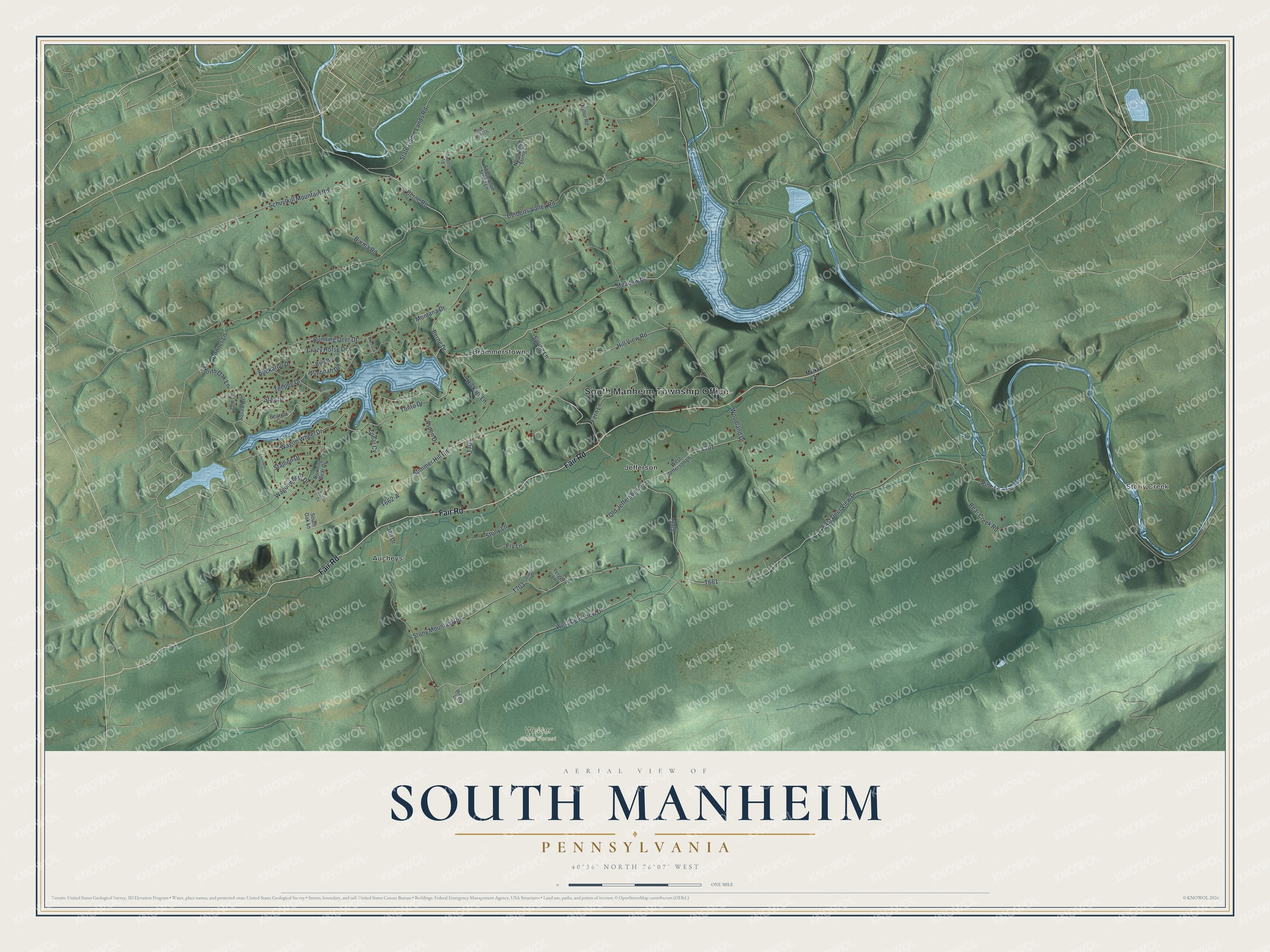 Full map of South Manheim, Pennsylvania, with red buildings, printed street names and the land around them