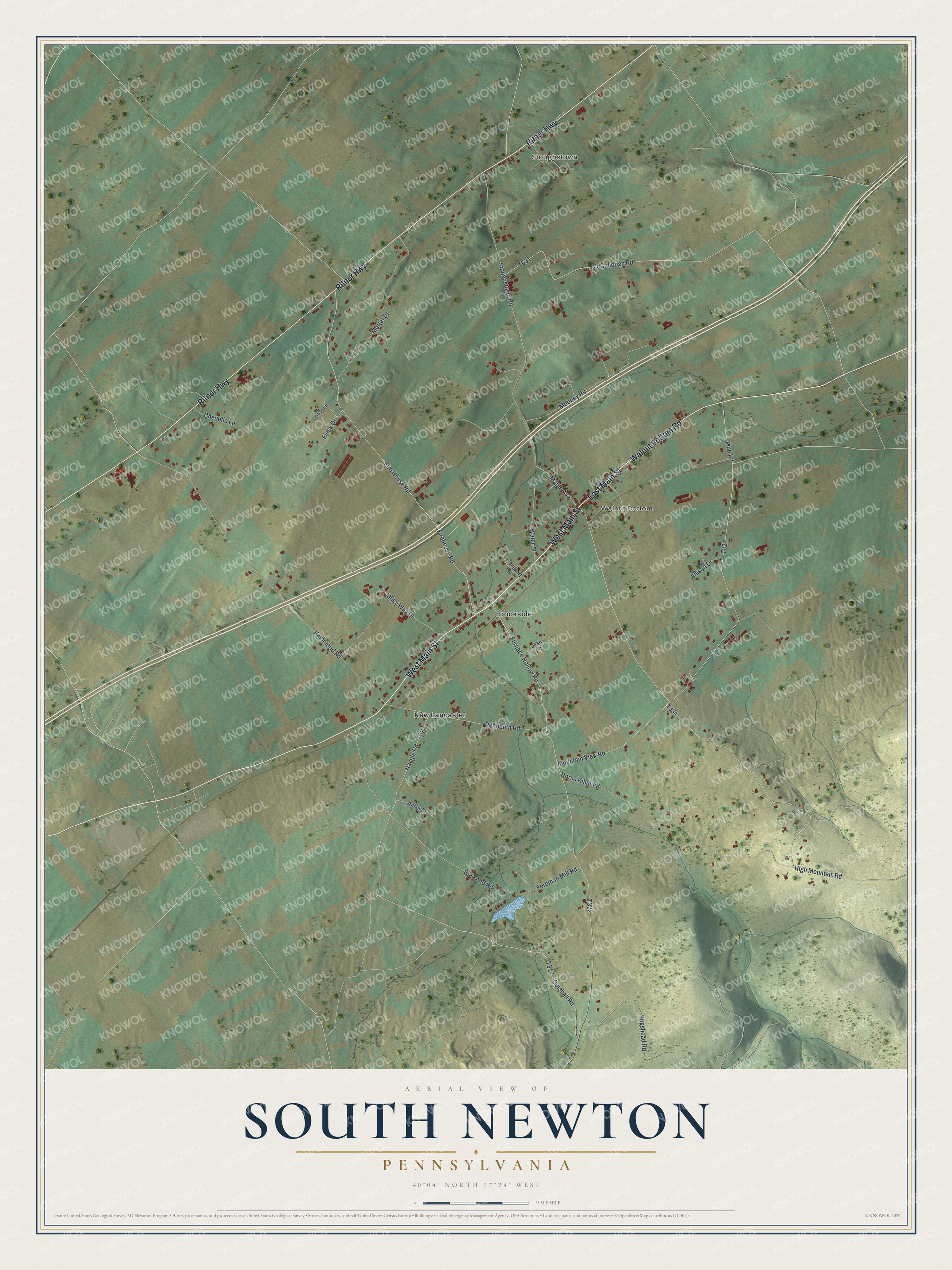 Full map of South Newton, Pennsylvania, with red buildings, printed street names and the land around them