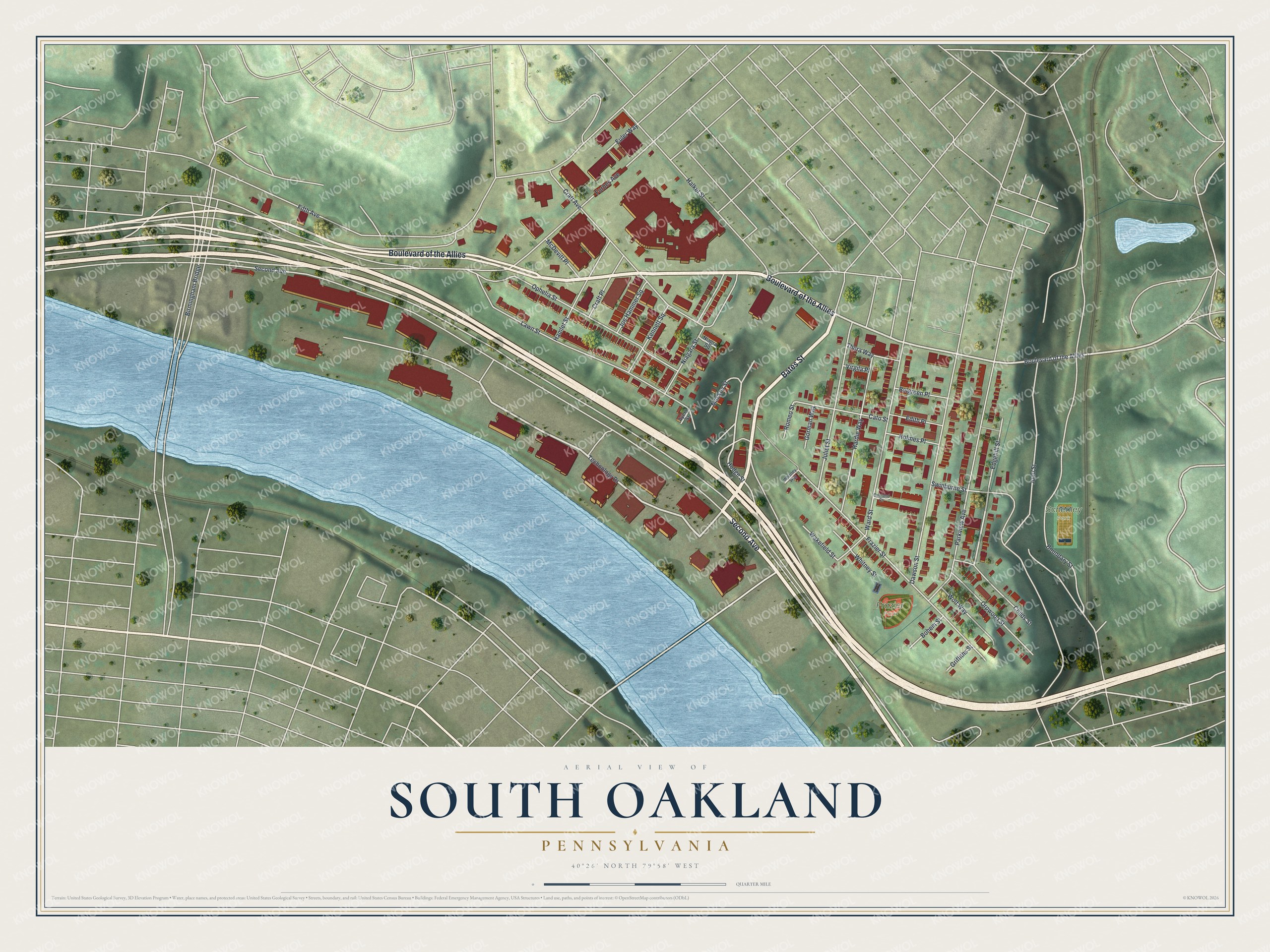 Aerial style map of South Oakland, Pennsylvania, with red homes on a green hill beside a blue river and Schenley Park on the right