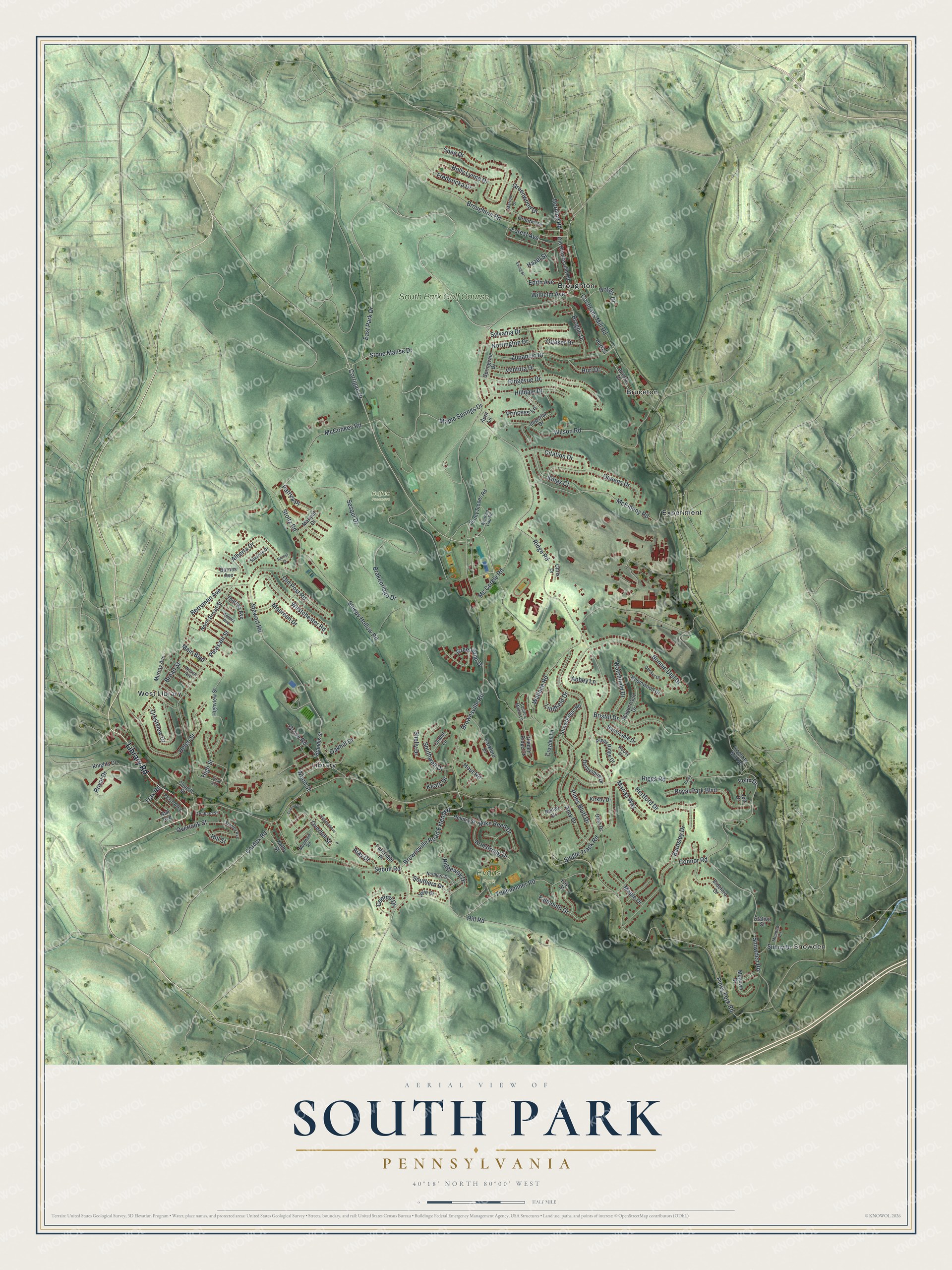 Full map of South Park, Pennsylvania, with red buildings, printed street names and the land around them