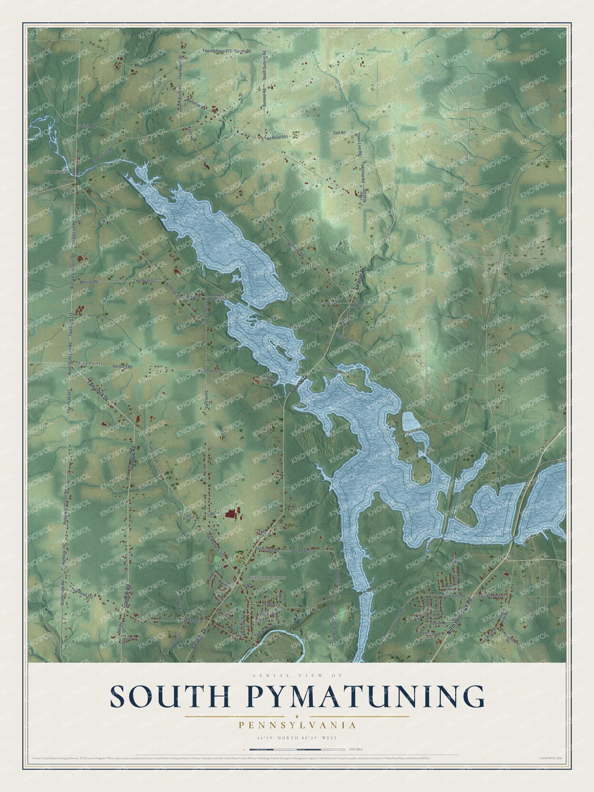Full map of South Pymatuning, Pennsylvania, with red buildings, printed street names and the land around them