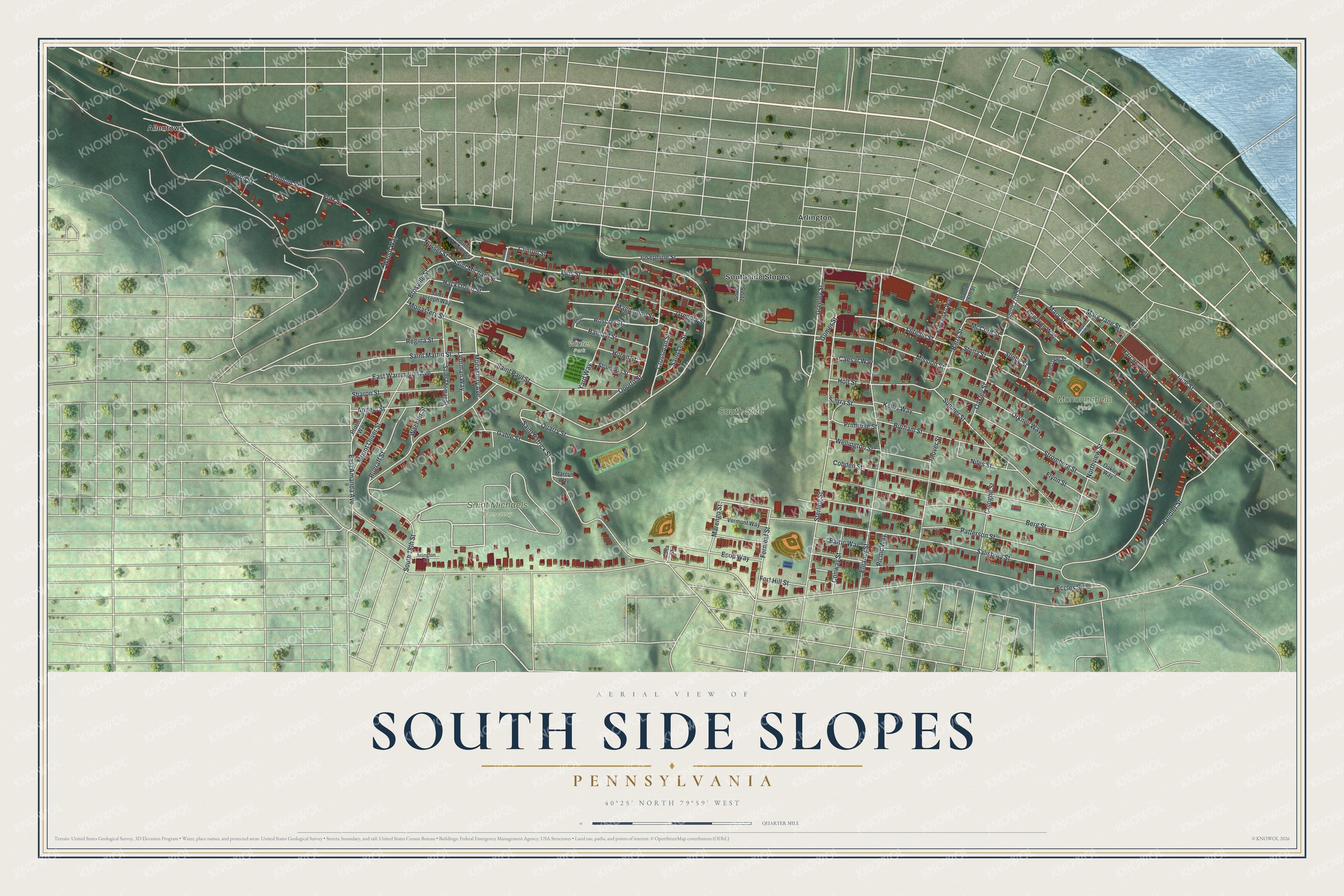 Aerial style map of South Side Slopes, Pennsylvania, with red buildings on a green hillside around South Side Park