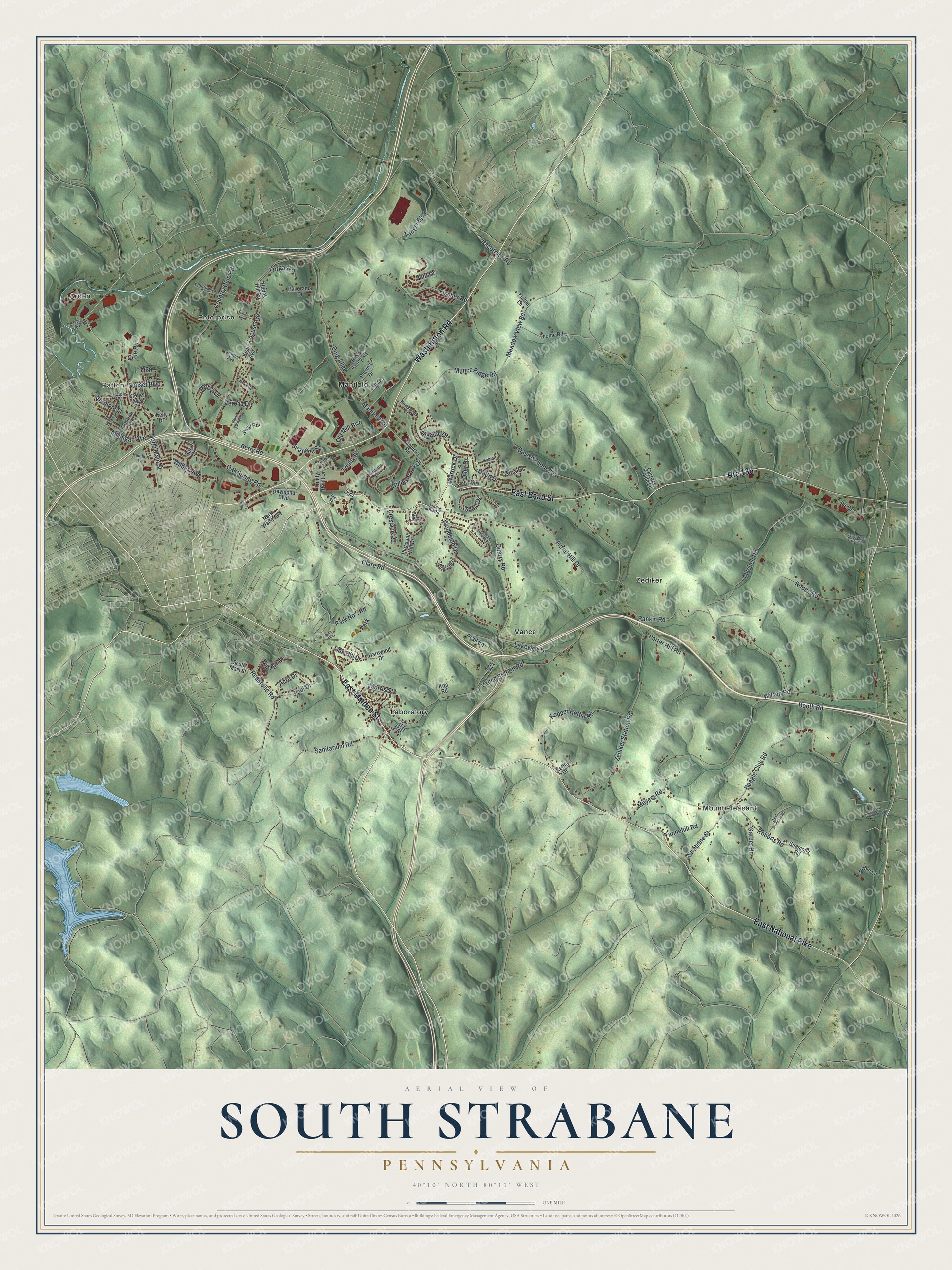 Full map of South Strabane, Pennsylvania, with red buildings, printed street names and the land around them