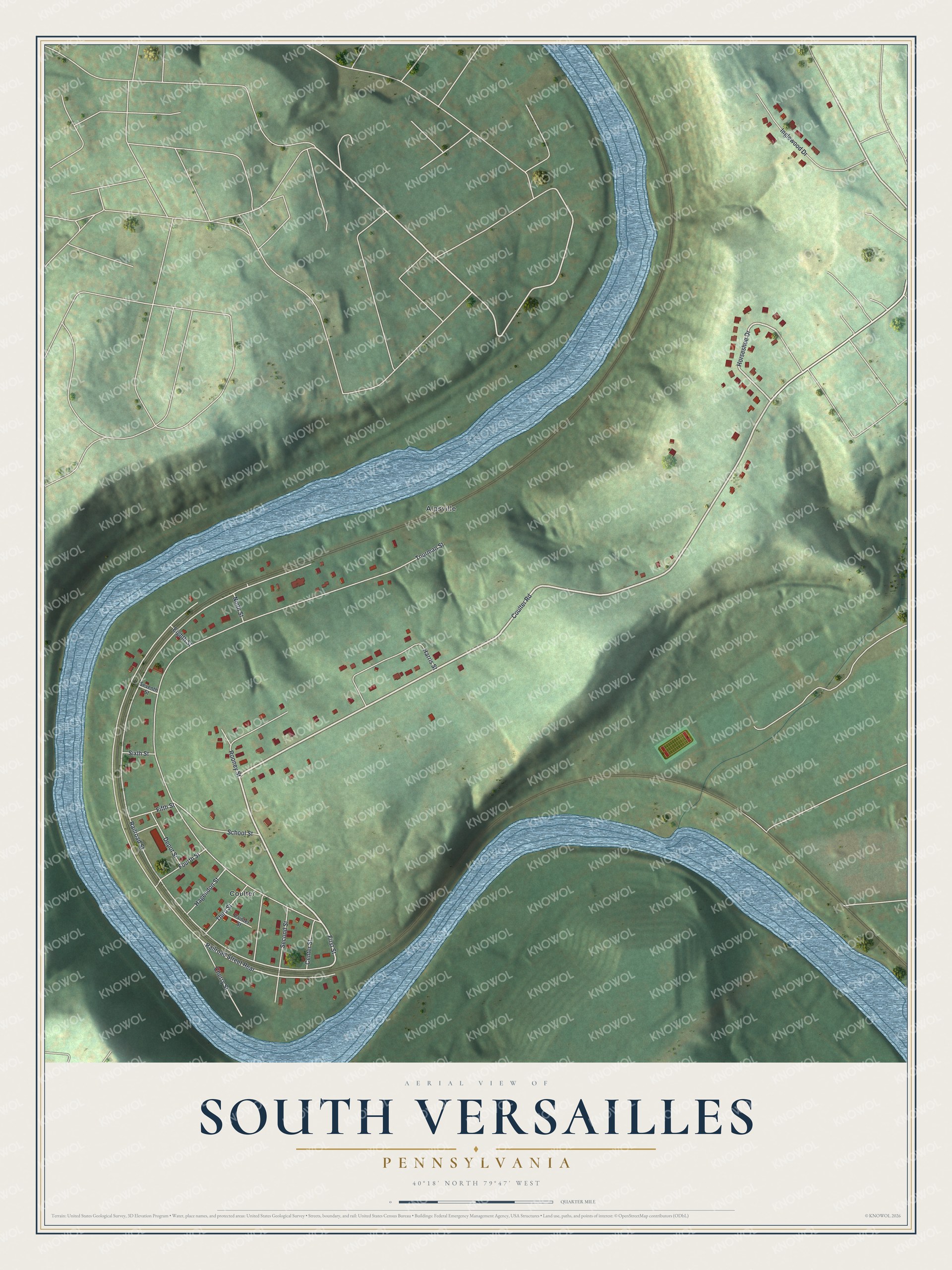 Full map of South Versailles, Pennsylvania, with red buildings, printed street names and the land around them