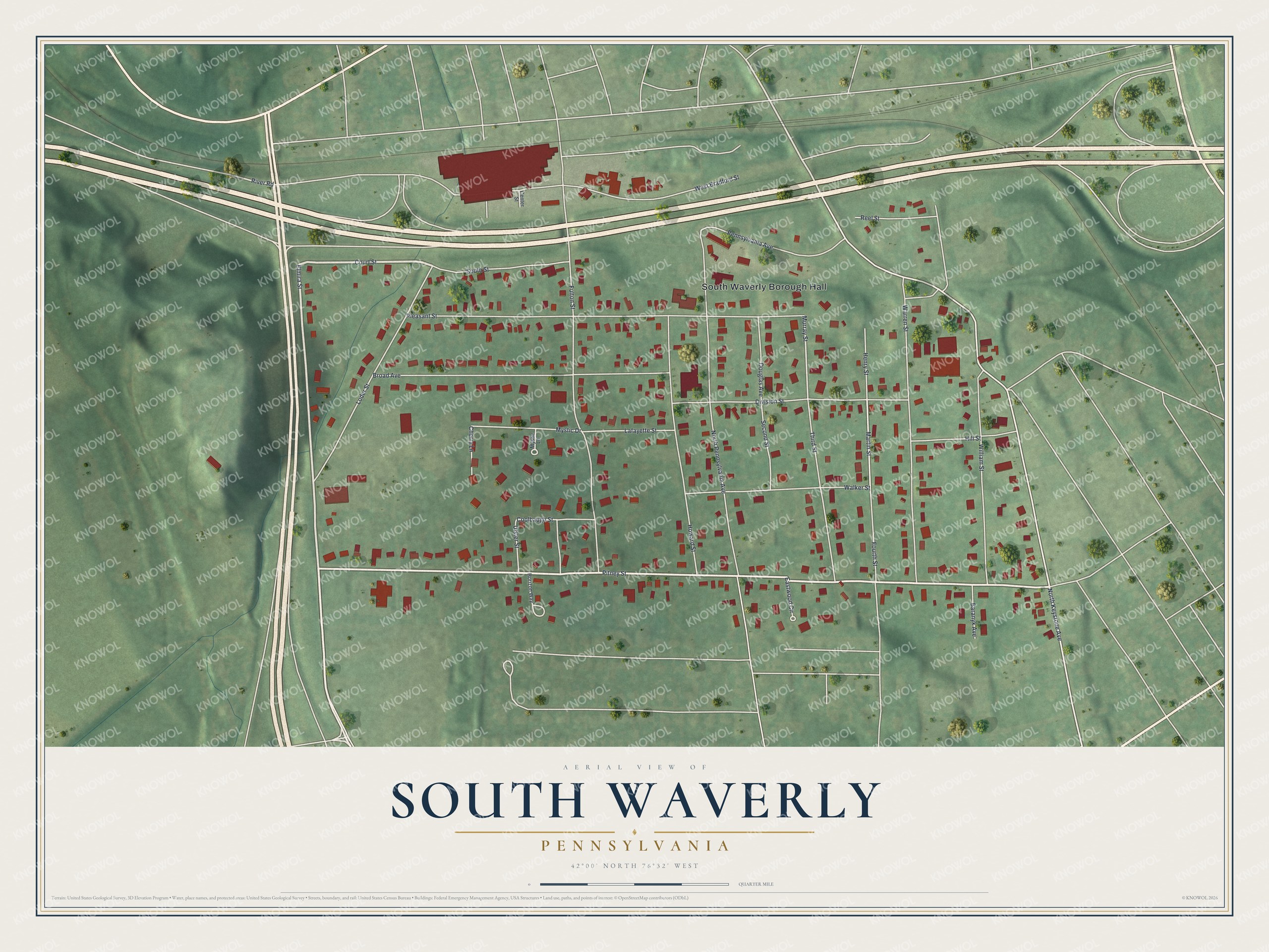 Full map of South Waverly, Pennsylvania, with red buildings, printed street names and the land around them