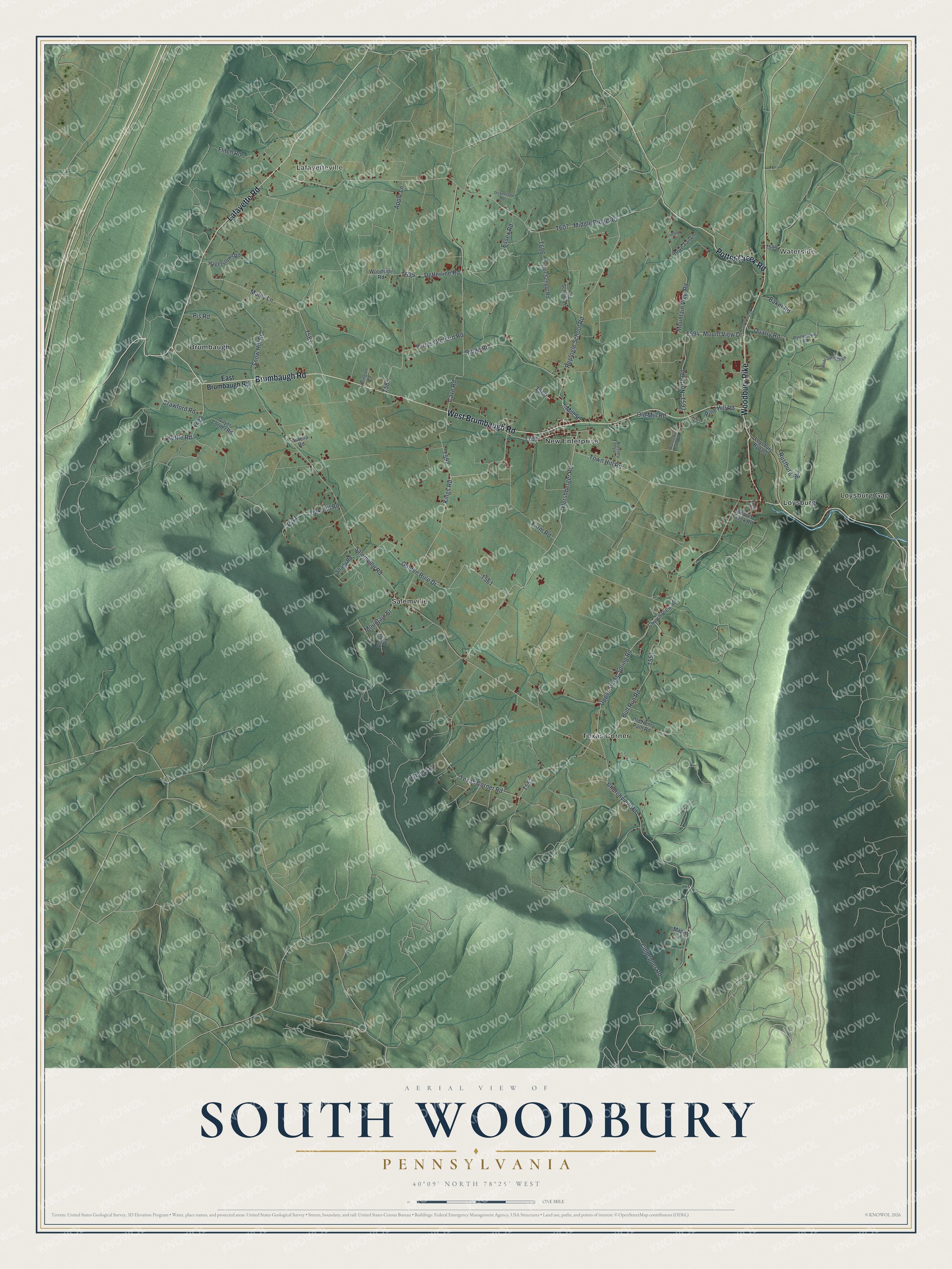 Full map of South Woodbury, Pennsylvania, with red buildings, printed street names and the land around them