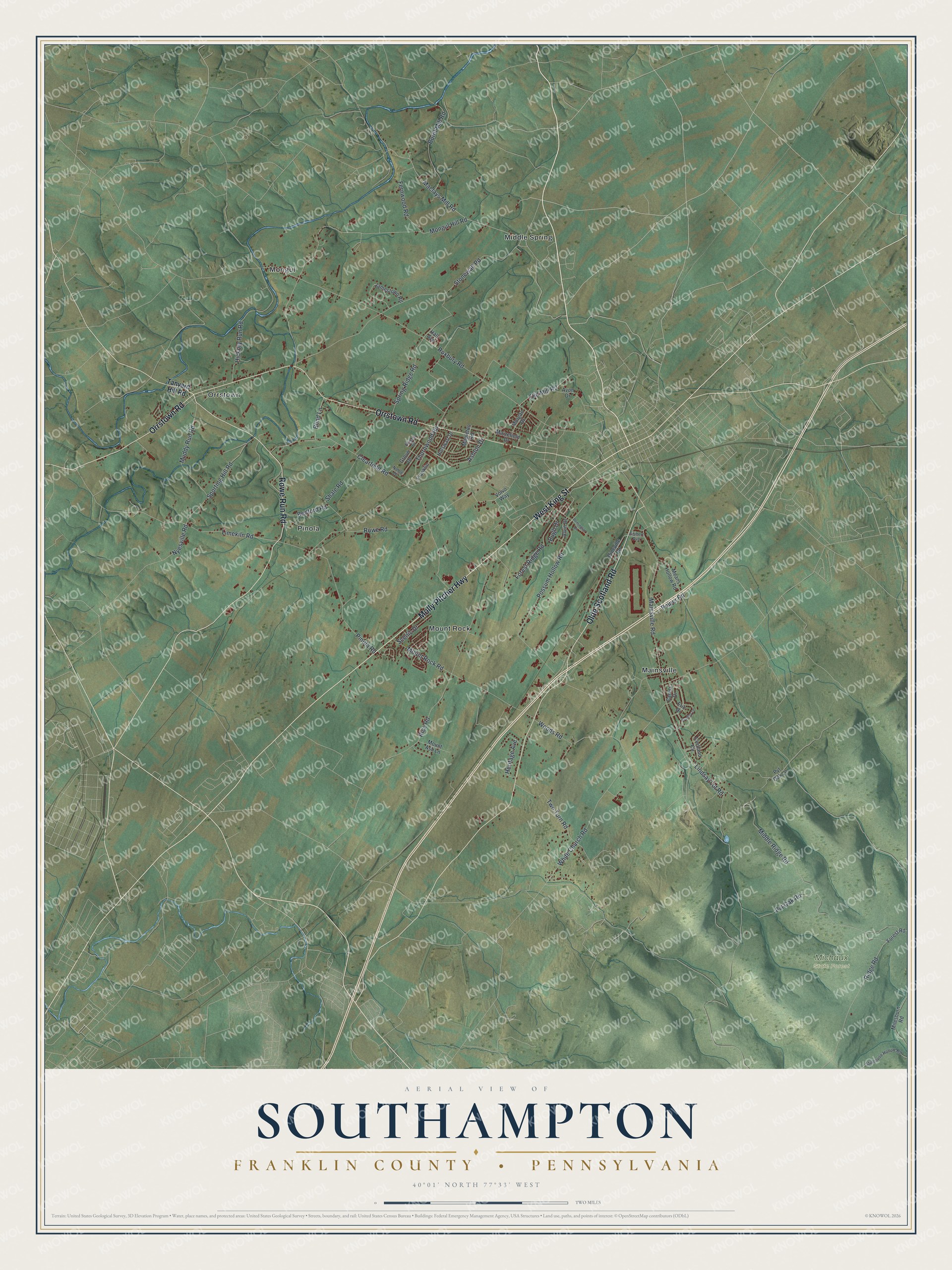 Aerial-style map of Southampton Township in Franklin County, Pennsylvania, with green farmland, red buildings and wooded hills in the lower right