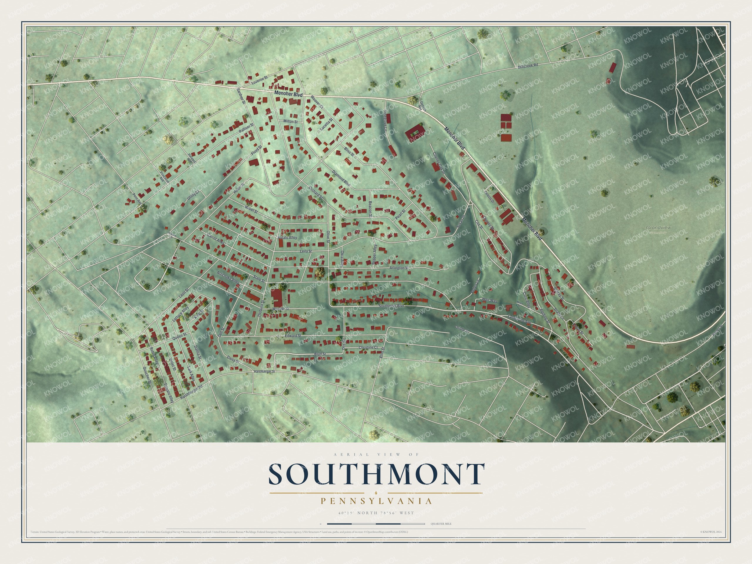 Aerial-style map of Southmont, Pennsylvania, with red buildings on green hills and Grandview Cemetery on the right