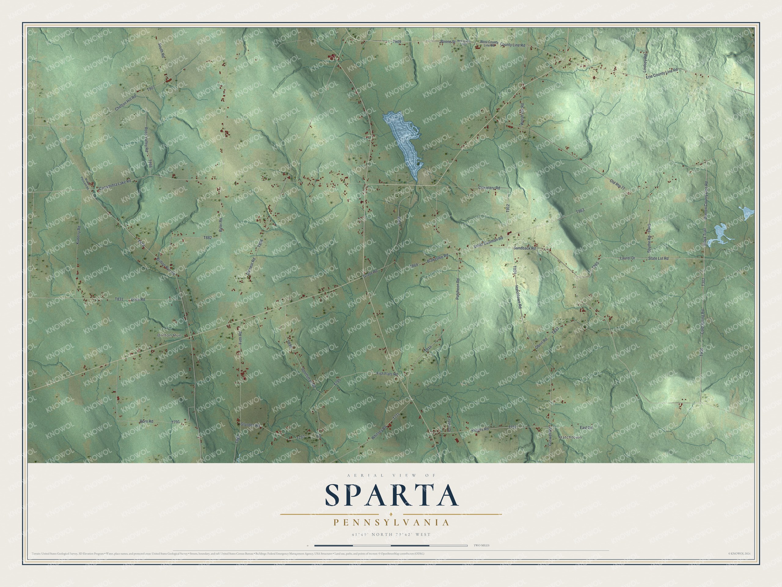 Full map of Sparta, Pennsylvania, with red buildings, printed street names and the land around them