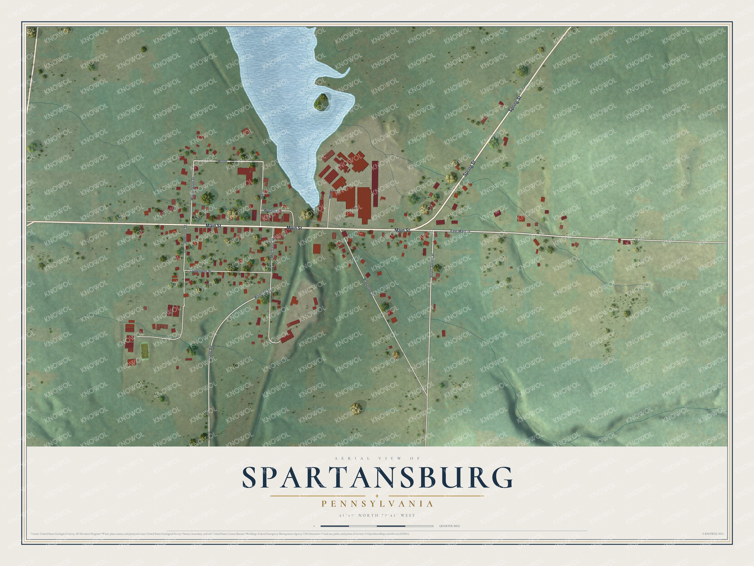Full map of Spartansburg, Pennsylvania, with red buildings, printed street names and the land around them