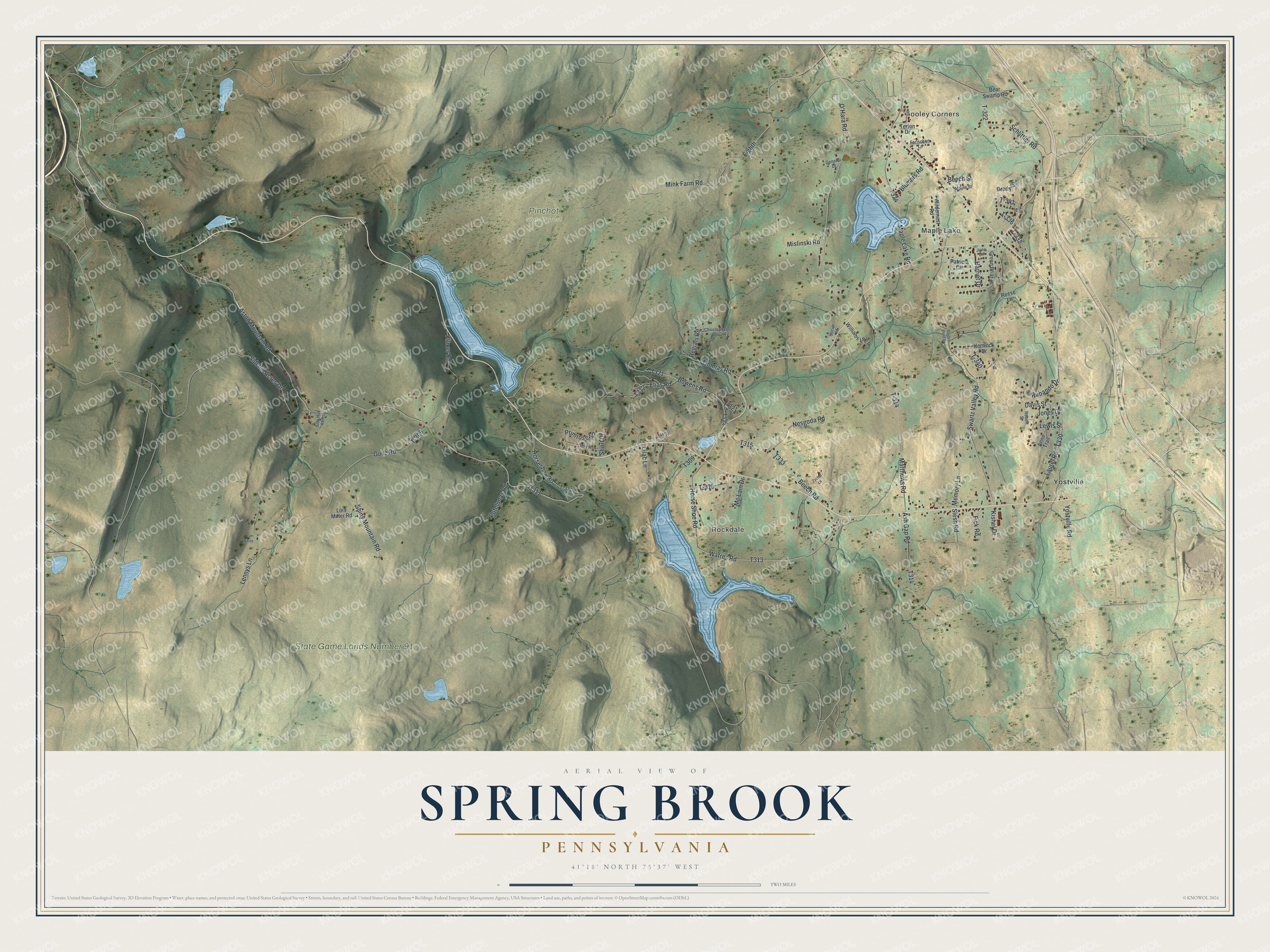 Full map of Spring Brook, Pennsylvania, with red buildings, printed street names and the land around them