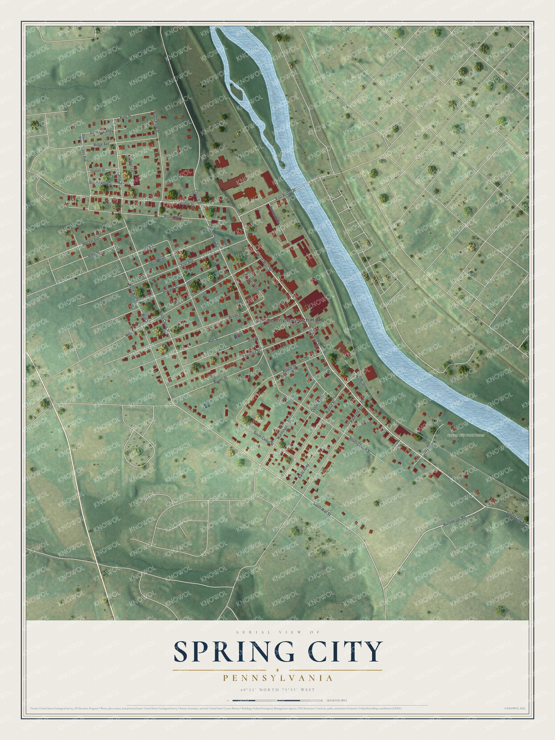 Full map of Spring City, Pennsylvania, with red buildings, printed street names and the land around them