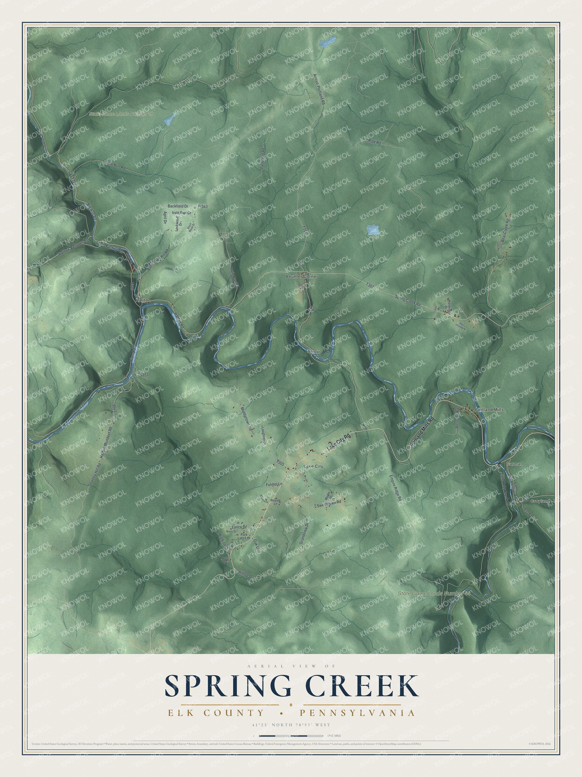 Full map of Spring Creek, Elk County, Pennsylvania, with red buildings, printed street names and the land around them