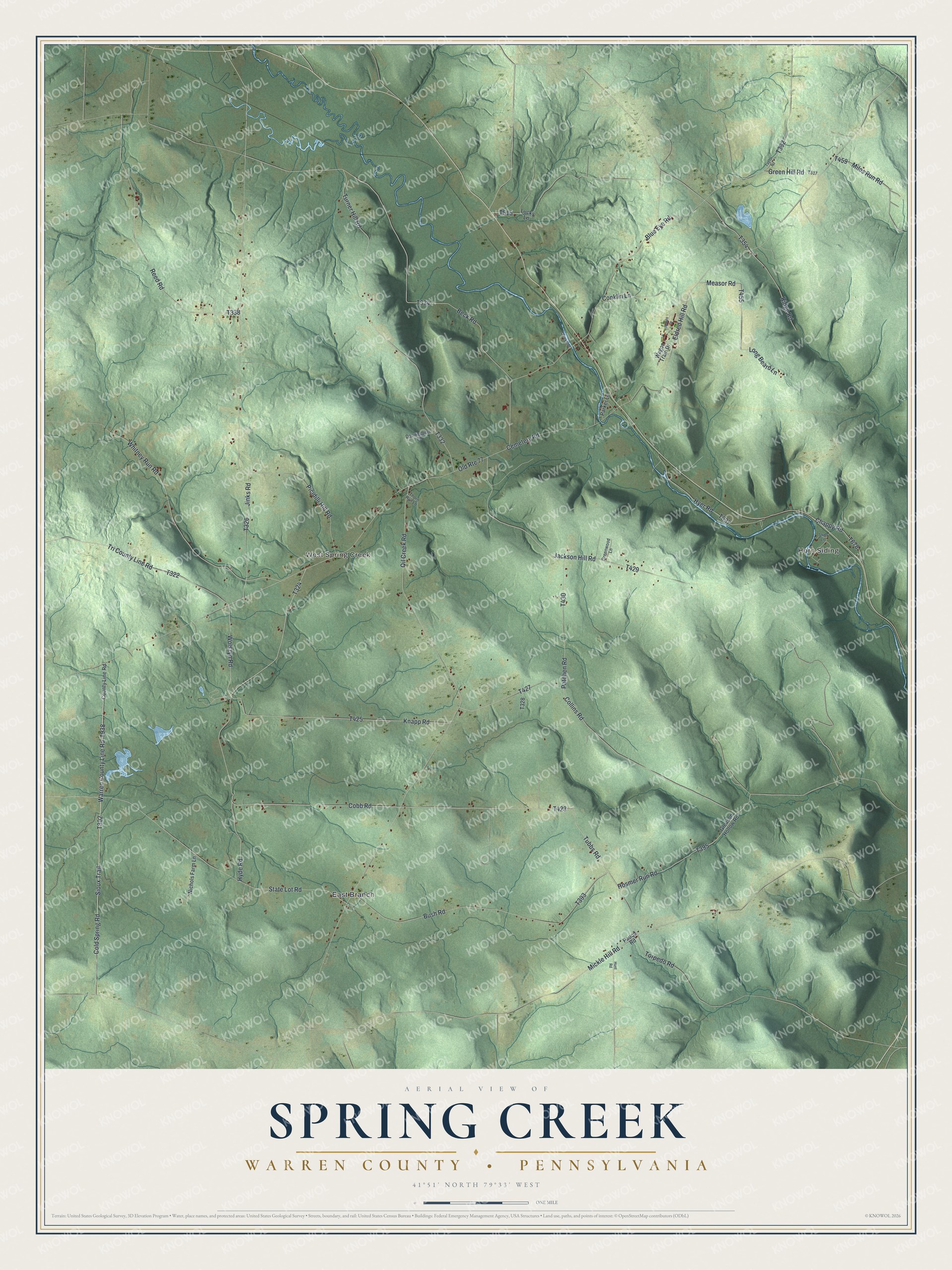 Full map of Spring Creek, Warren County, Pennsylvania, with red buildings, printed street names and the land around them
