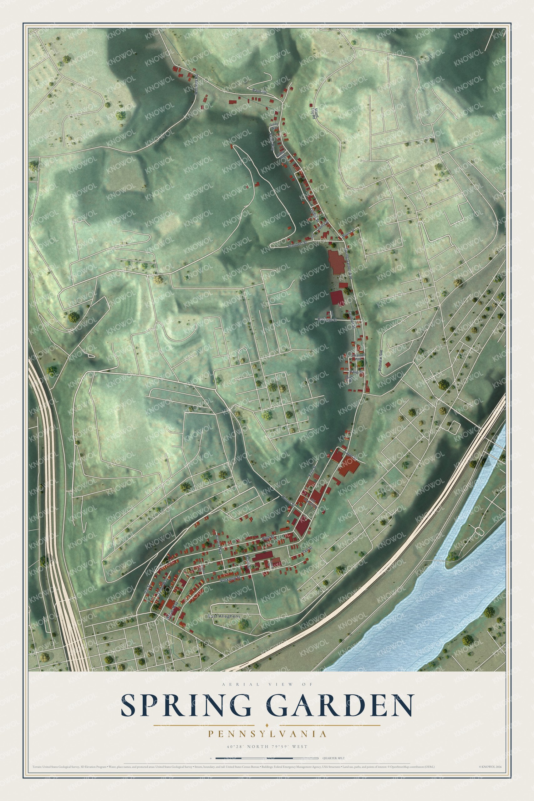 Map of Spring Garden in Pittsburgh with red buildings along a narrow valley between green hills and a blue river at lower right