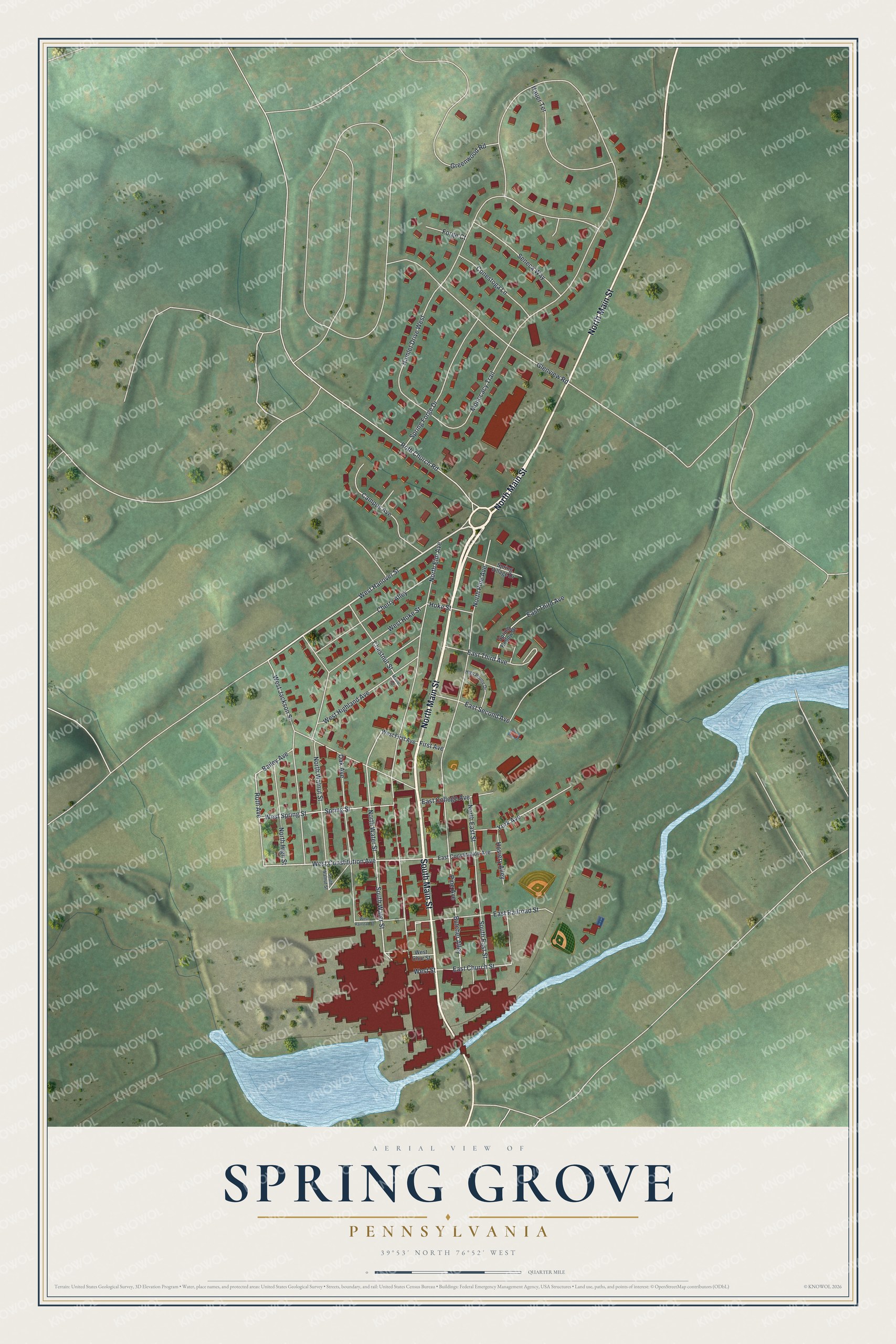 Full map of Spring Grove, Pennsylvania, with red buildings, printed street names and the land around them